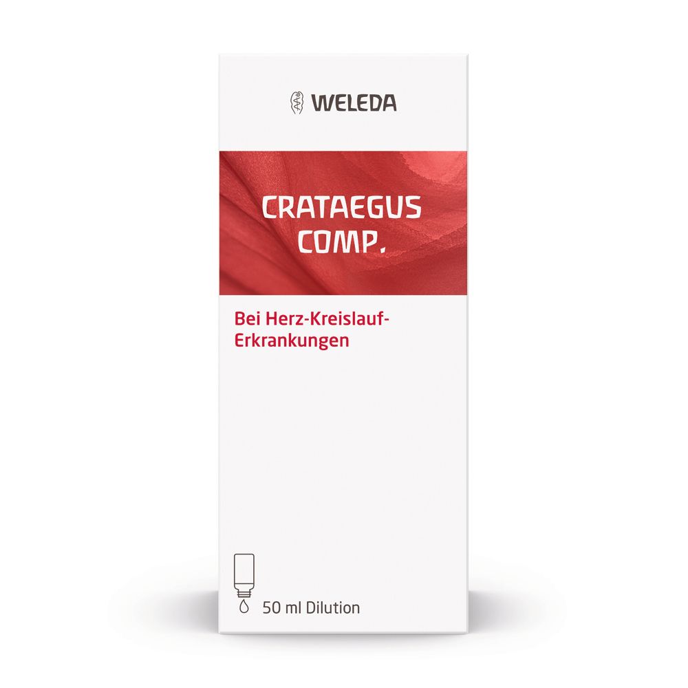 Weiße Verpackung mit rotem Streifen. Aufschrift: WELEDA, Crataegus comp. Dilution. Bei Herz-Kreislauf-Erkrankungen. 50 ml Dilution. Tropfensymbol.
