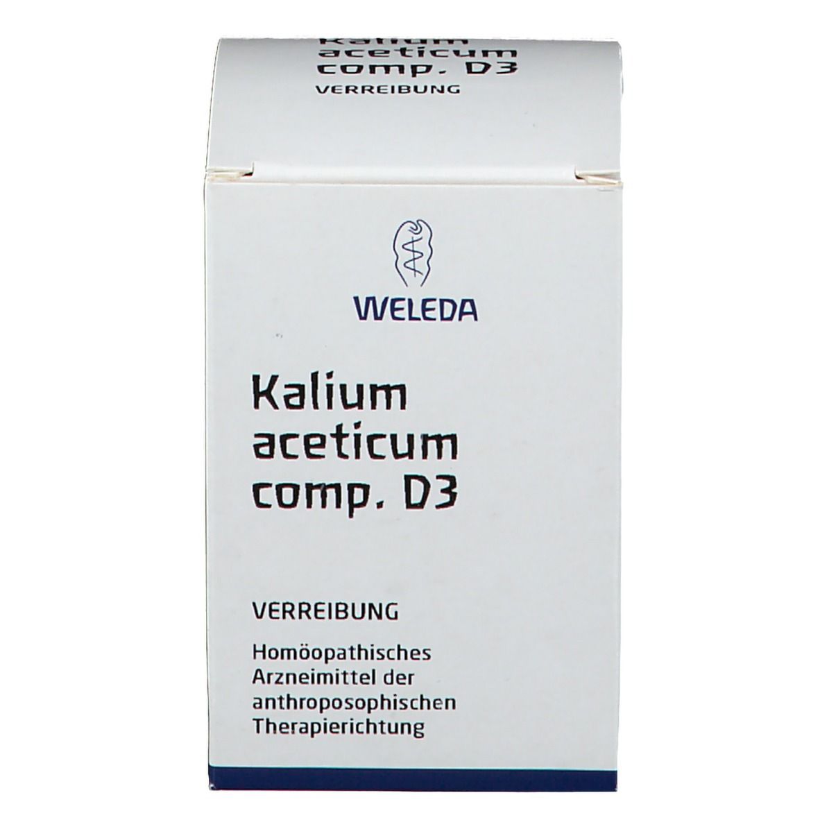 Weißer Karton. Beschriftung: Kalium aceticum comp. D3, Weleda. Homöopathisches Arzneimittel.