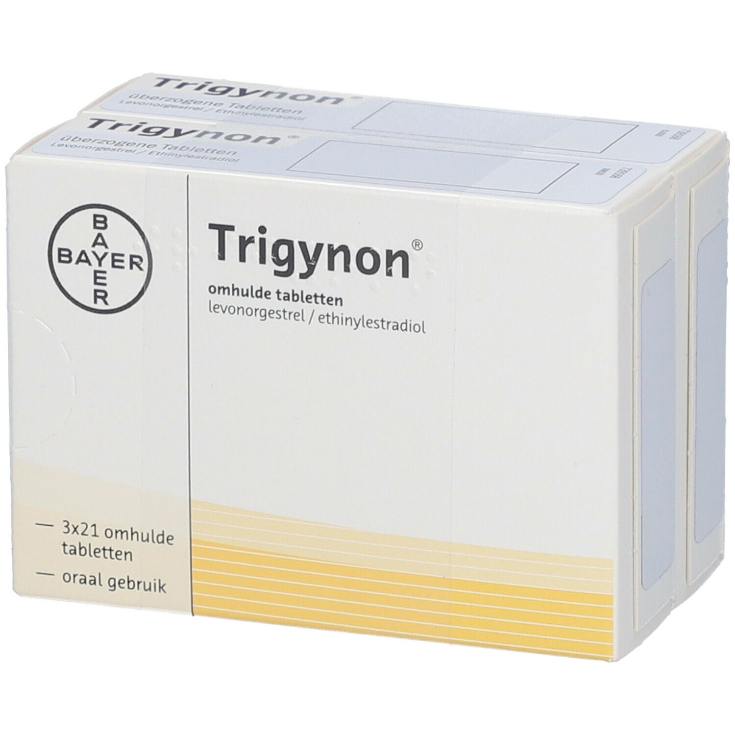 Verpackung von Trigynon. Weißer Karton mit Produktnamen und Bayer-Logo. Enthält drei Schachteln.