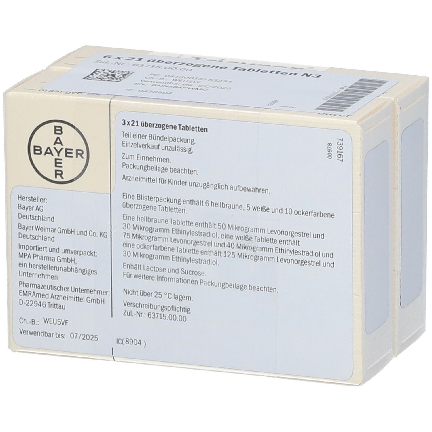 Rückseite der Trigynon-Verpackung. Enthält Produktinformationen und Bayer-Logo. Drei Schachteln.