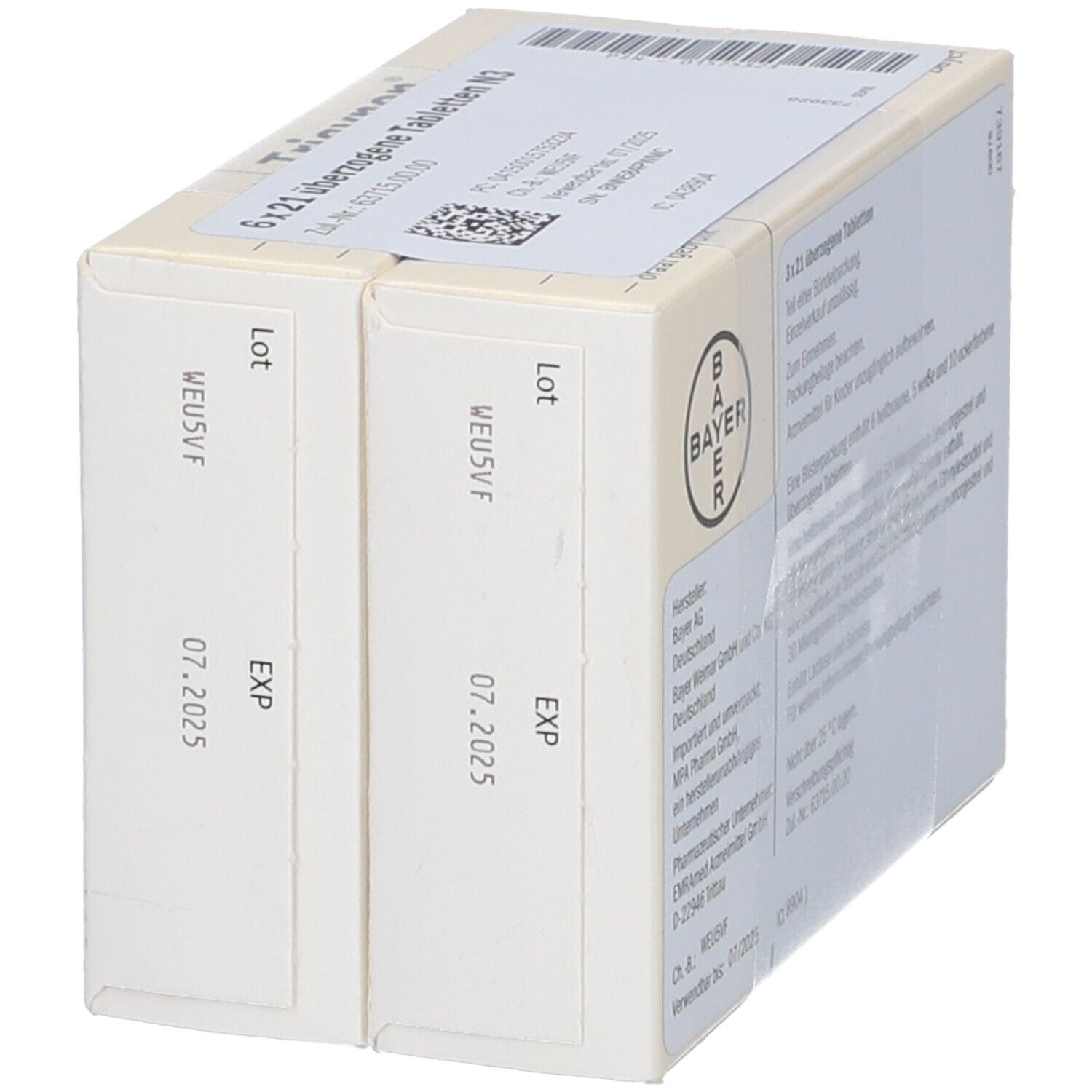 Zwei Packungen Trigynon. Aufdruck: EXP 07.2025 und Losnummer. Bayer-Logo. Zusätzliche Informationen auf der Rückseite.