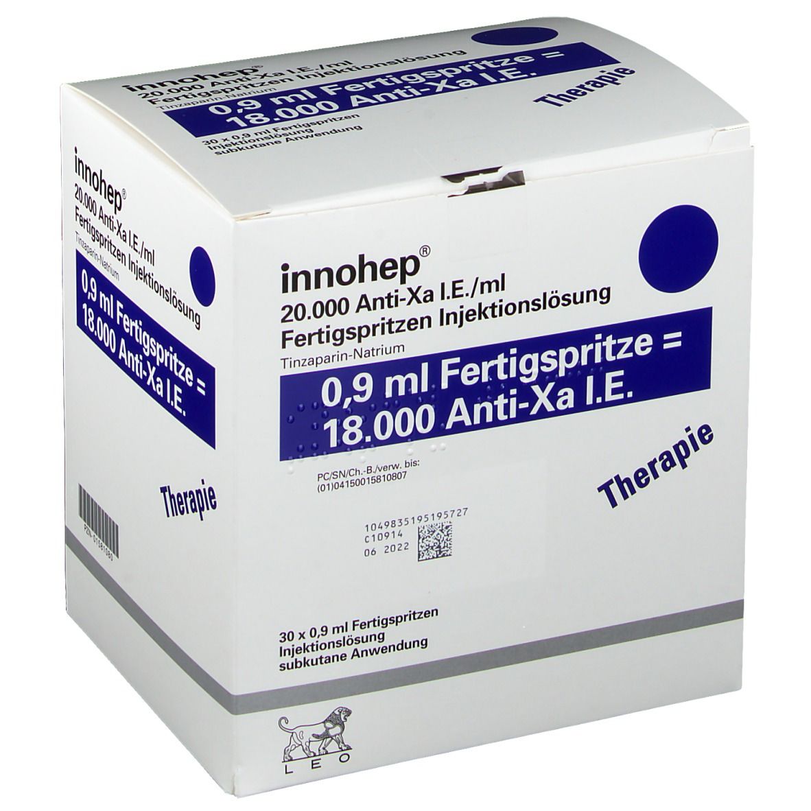 Weißer Karton mit blauer Schrift. Aufschrift: Innohep, 0,9 ml Fertigspritze, 18.000 Anti-Xa I.E. Mit Logo.