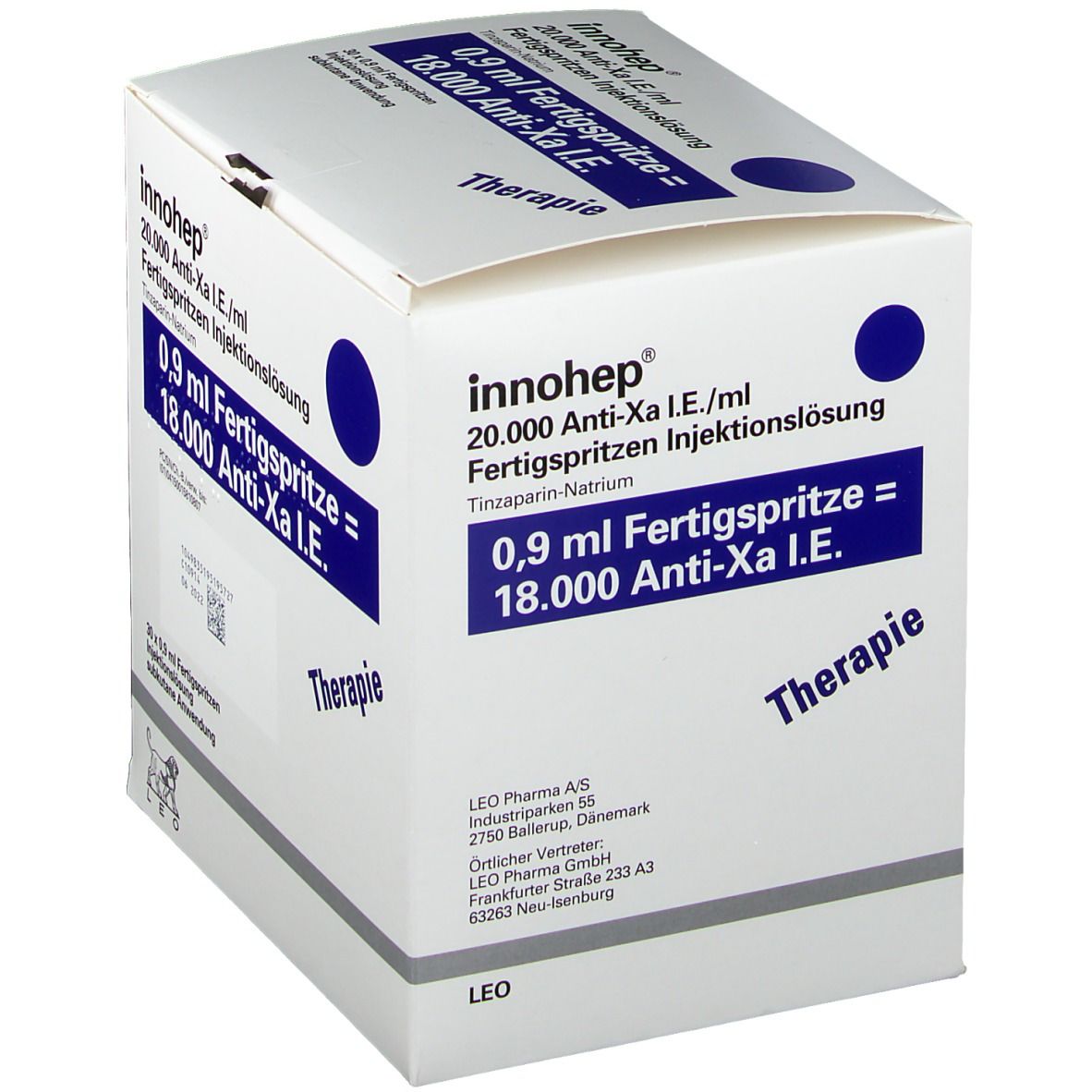 Weißer Karton mit blauer Schrift. Aufschrift: Innohep, 0,9 ml Fertigspritze, 18.000 Anti-Xa I.E. Mit Logo.