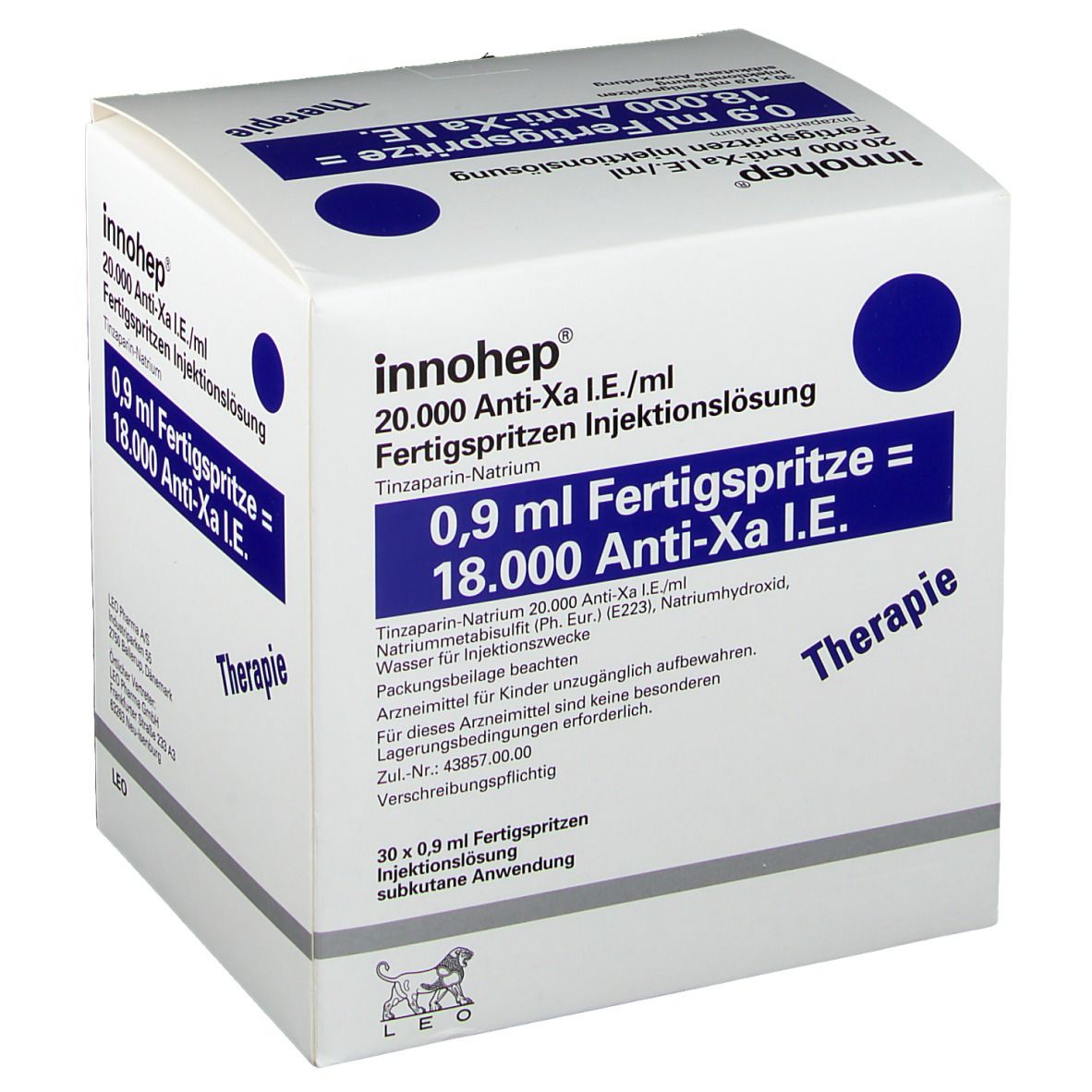 Weißer Karton mit blauer Schrift. Aufschrift: Innohep, 0,9 ml Fertigspritze, 18.000 Anti-Xa I.E. Mit Logo.