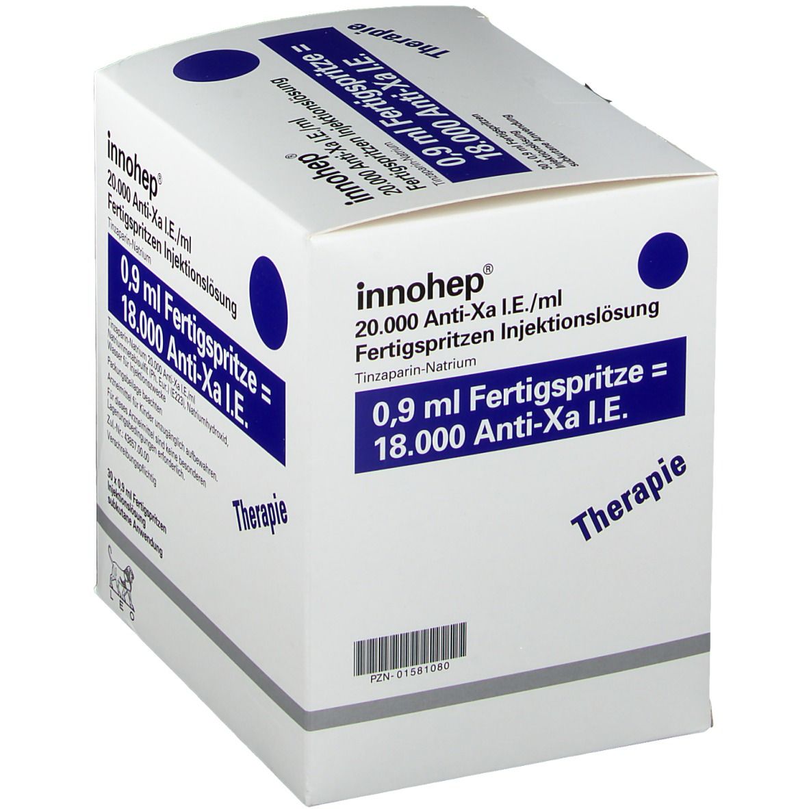 Weißer Karton mit blauer Schrift. Aufschrift: Innohep, 0,9 ml Fertigspritze, 18.000 Anti-Xa I.E. Mit Logo.
