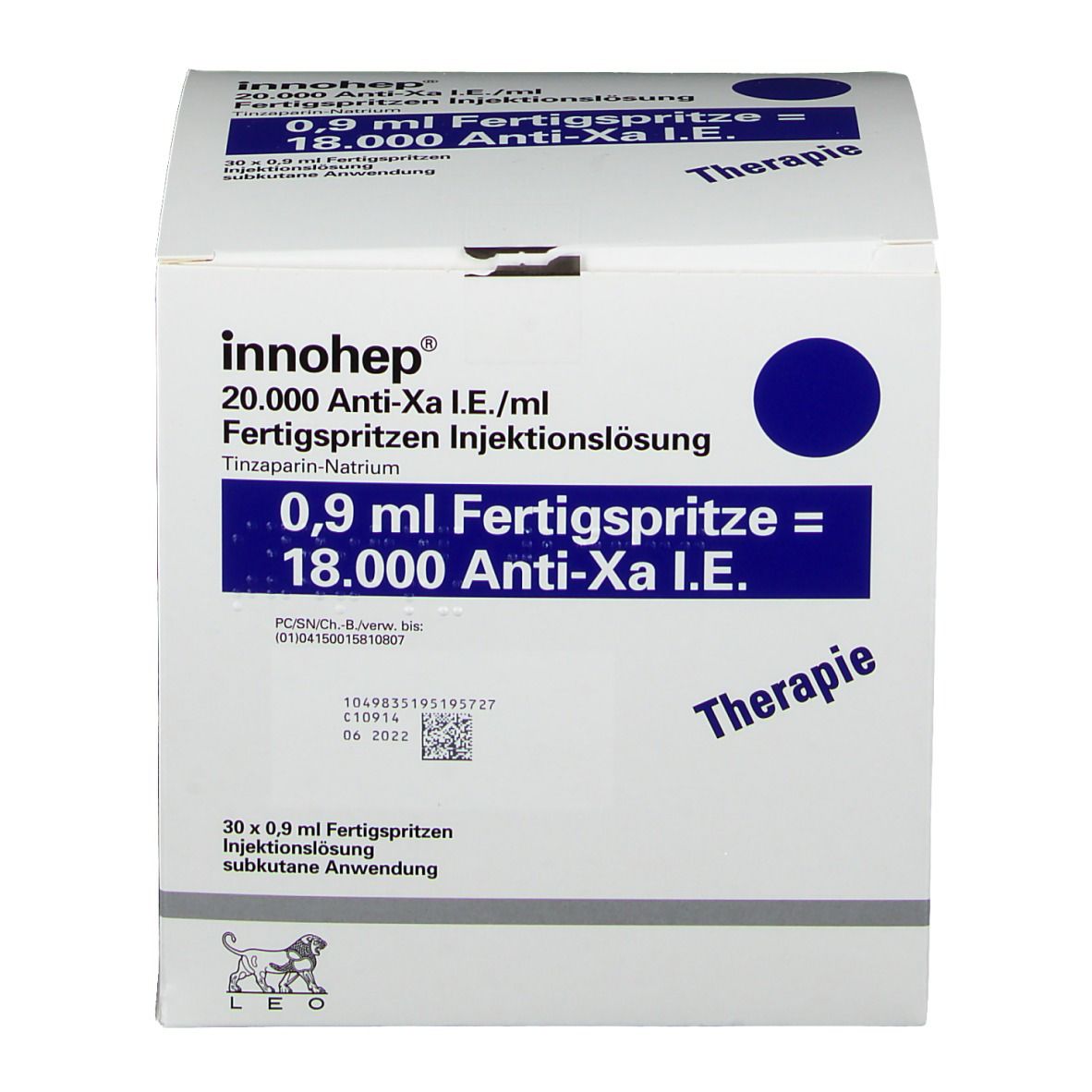 Weißer Karton mit blauer Schrift. Aufschrift: Innohep, 0,9 ml Fertigspritze, 18.000 Anti-Xa I.E. Mit Logo.