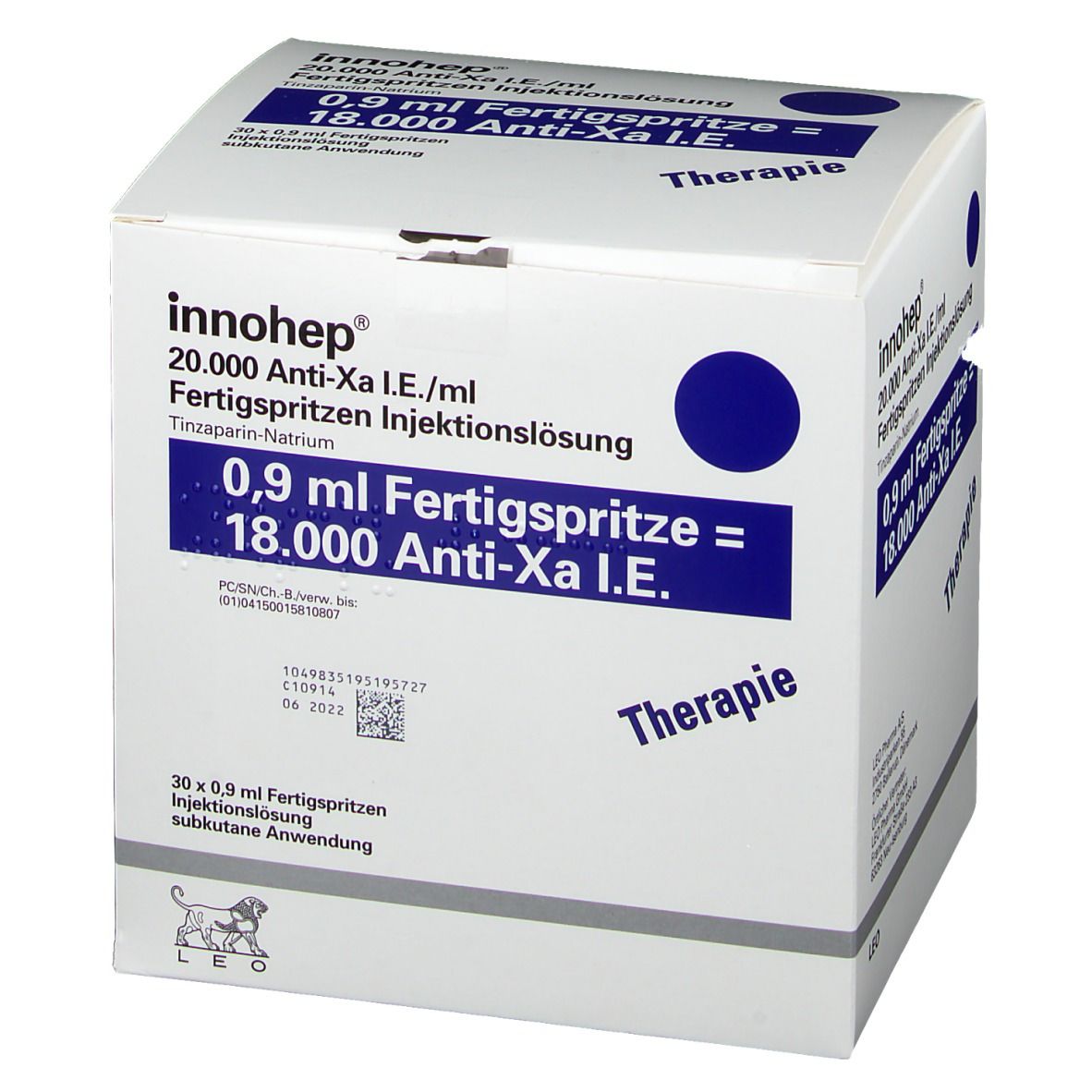 Weißer Karton mit blauer Schrift. Aufschrift: Innohep, 0,9 ml Fertigspritze, 18.000 Anti-Xa I.E. Mit Logo.