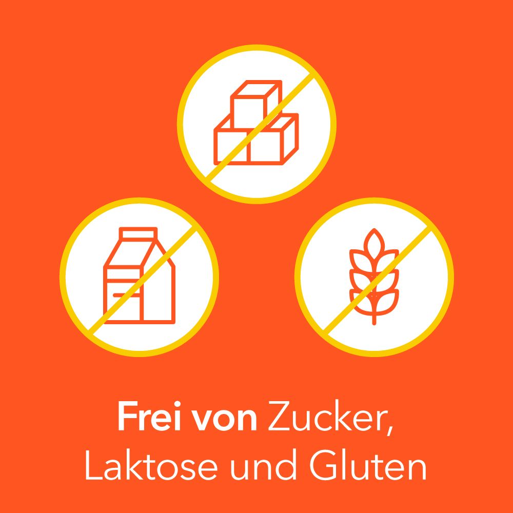 Grafik: Durchgestrichene Zuckerwürfel, Milchpackung, Weizenähre. Text: Frei von Zucker, Laktose und Gluten. Orange.