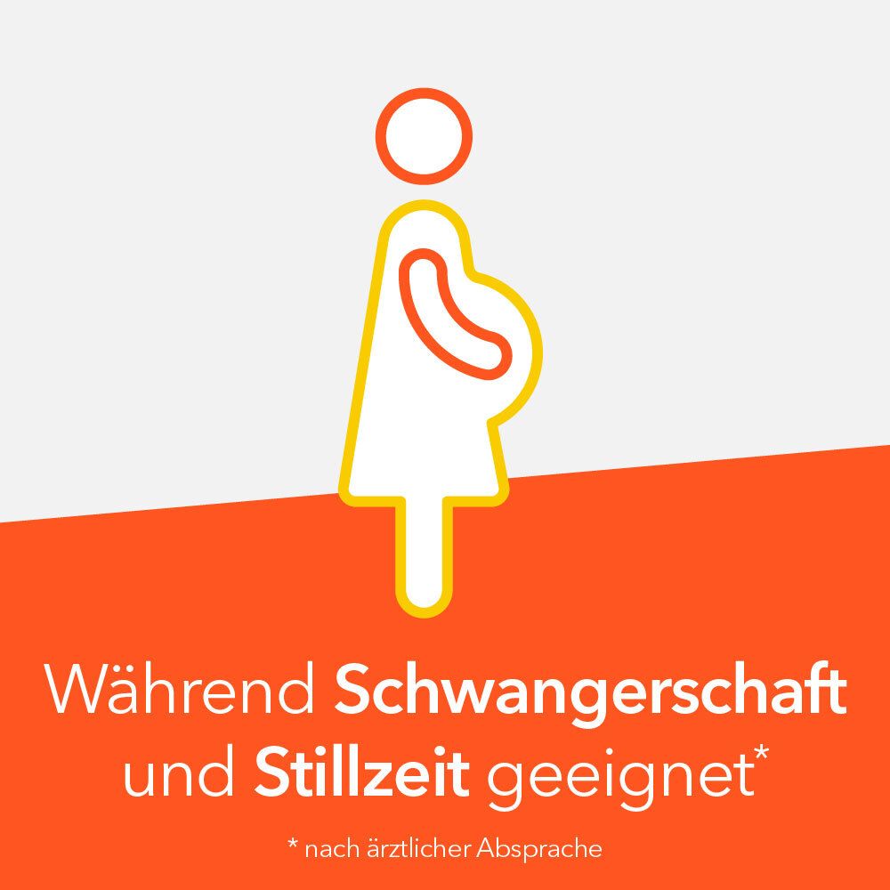 Grafik einer schwangeren Frau. Text: Während Schwangerschaft und Stillzeit geeignet (nach ärztlicher Absprache).