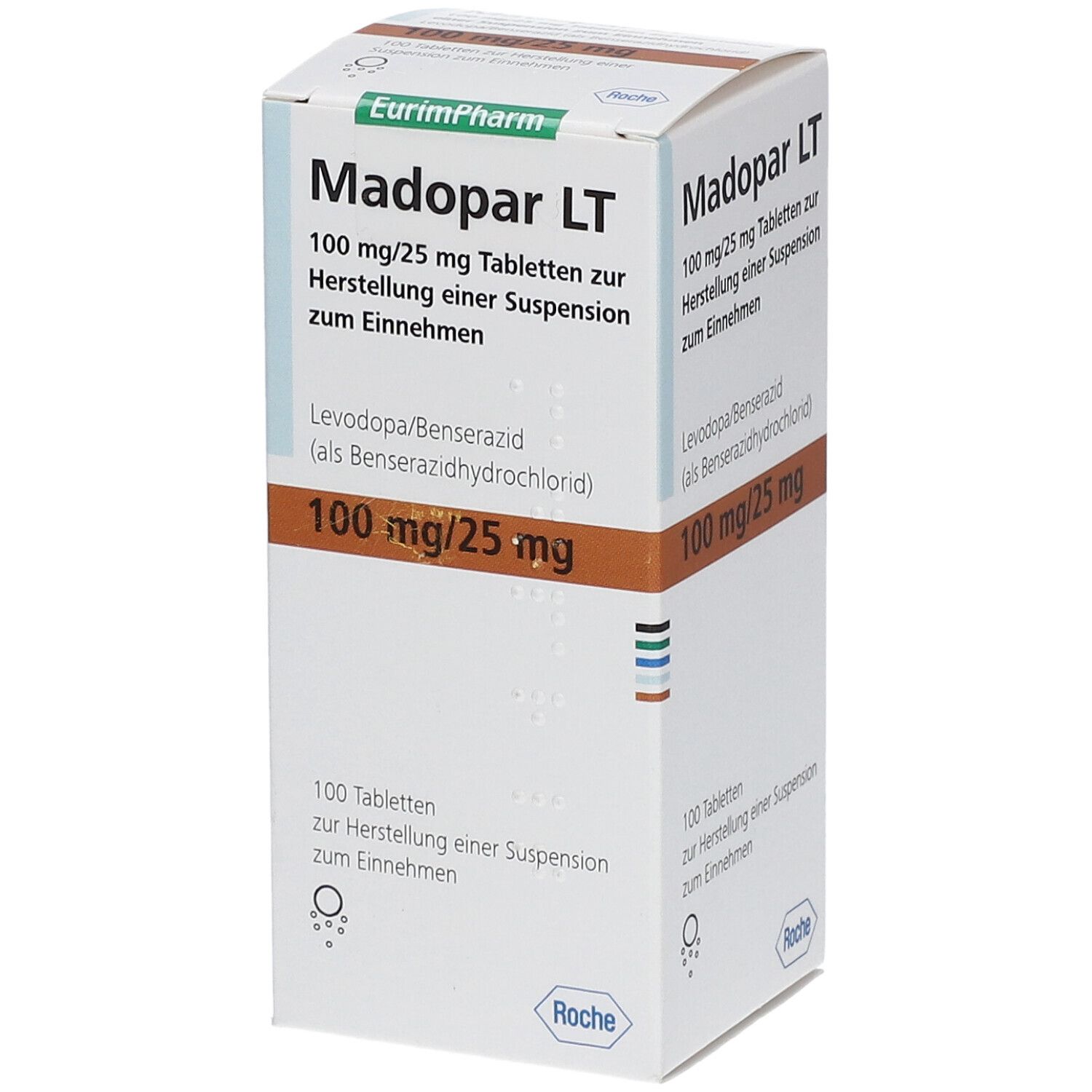 Schachtel mit Madopar LT Tabletten. Aufschrift: 100 mg/25 mg. 100 Tabletten. Hersteller: Roche.