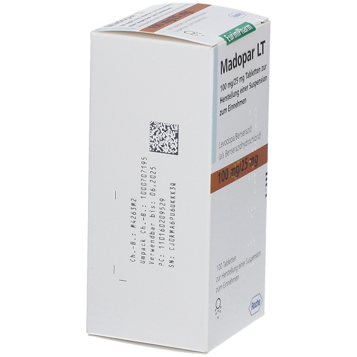 Seitenansicht der Madopar LT Tabletten-Schachtel. Angaben zu Chargennummer, Verfallsdatum und Hersteller.