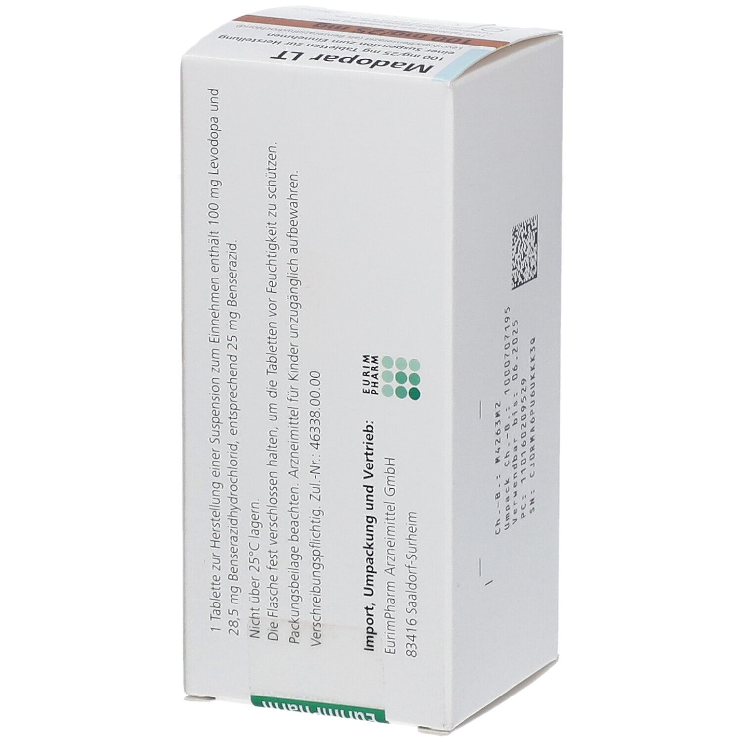 Rückansicht der Madopar LT Tabletten-Schachtel. Textinformationen und Herstellerangaben.