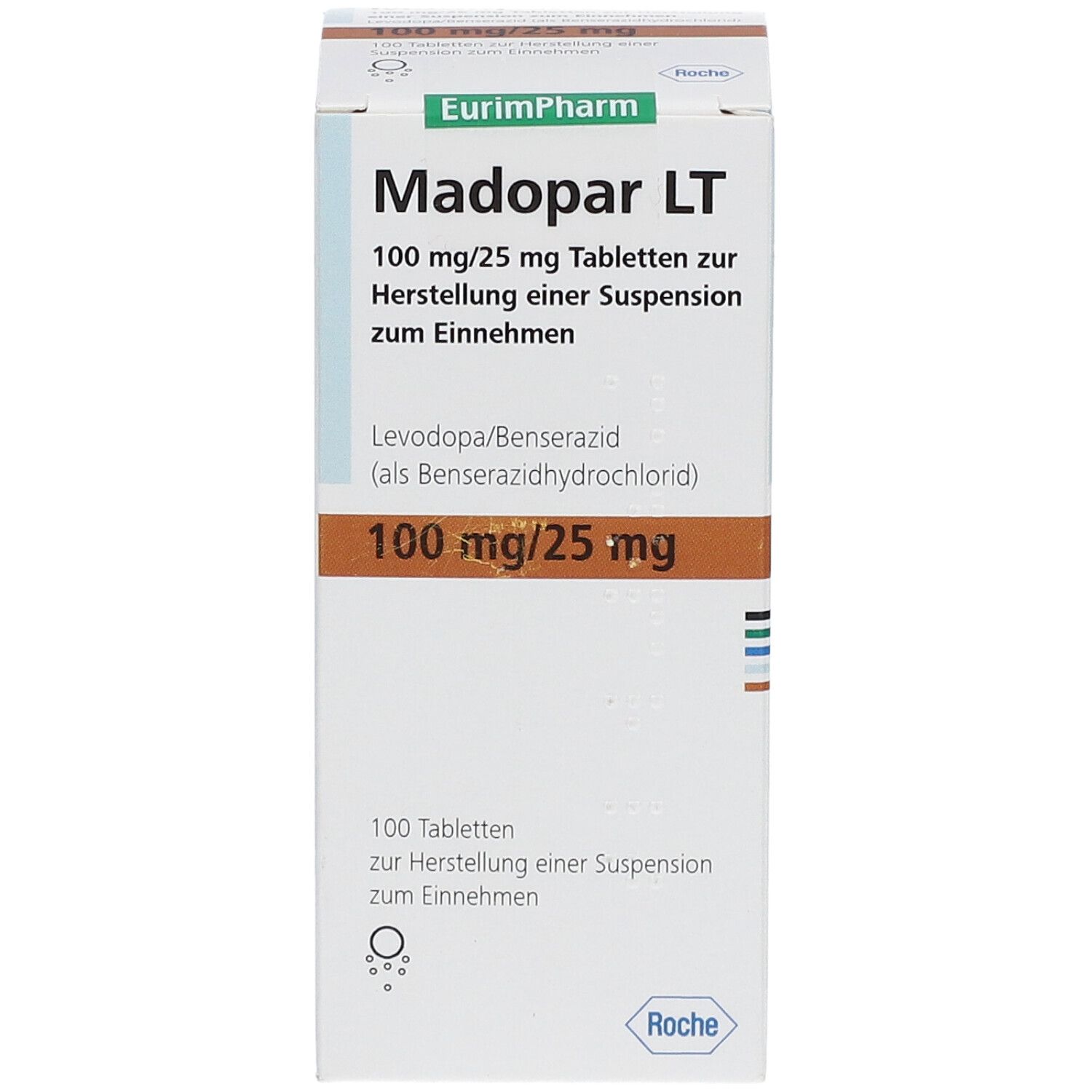 Madopar LT Tabletten-Schachtel. Aufschrift: 100 mg/25 mg. 100 Tabletten. Hersteller: Roche.