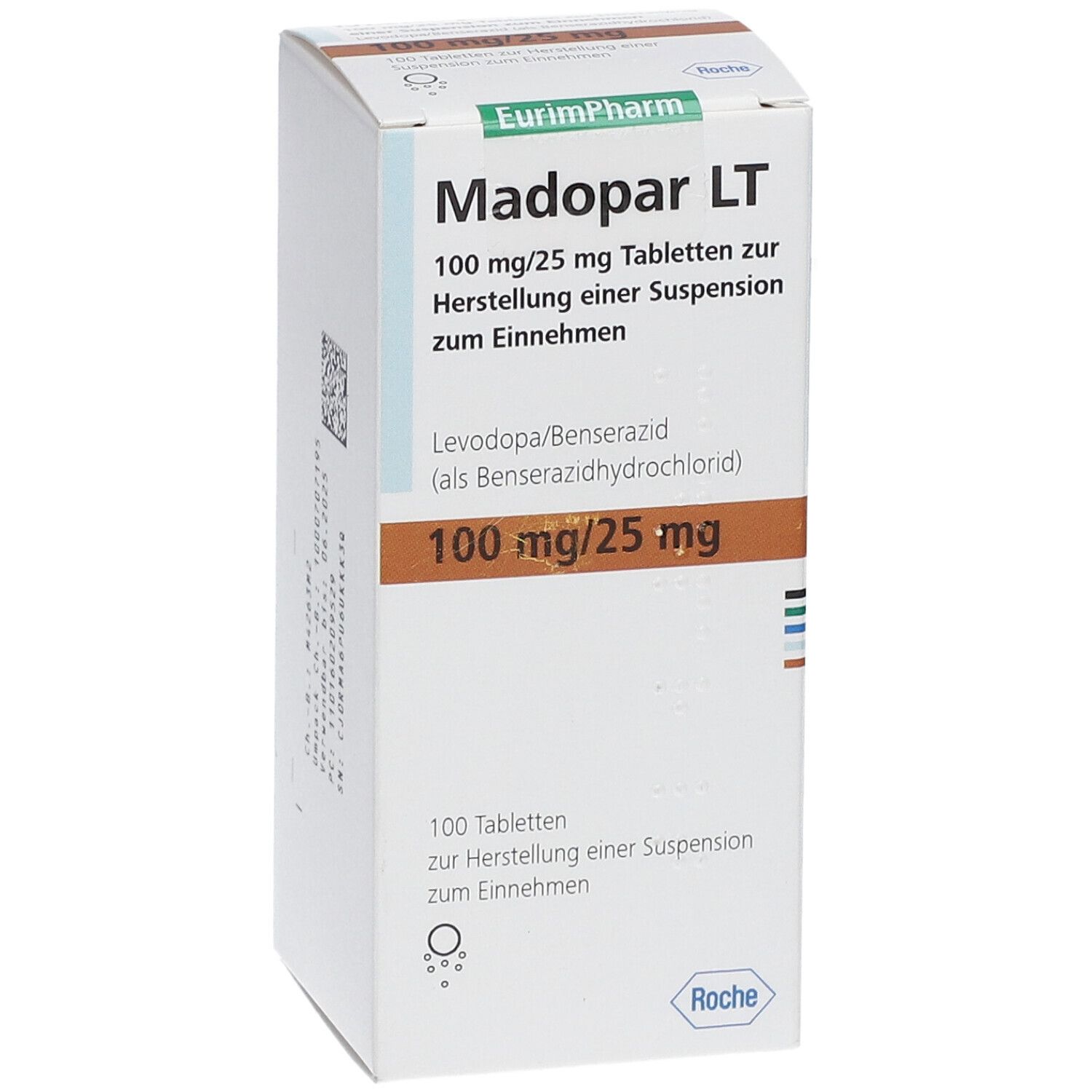 Madopar LT Tabletten-Schachtel. Aufschrift: 100 mg/25 mg. 100 Tabletten. Hersteller: Roche.
