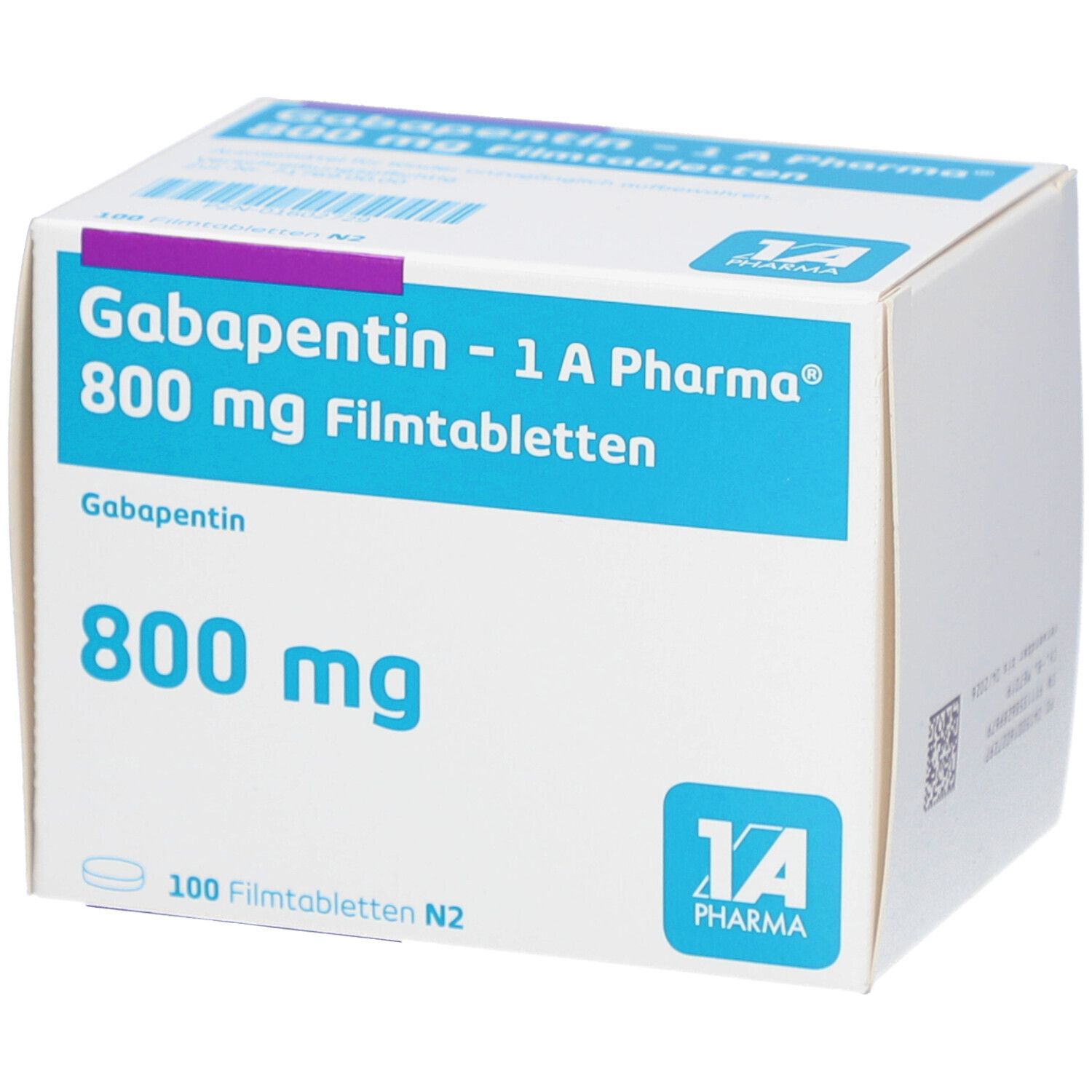 Schachtel mit Gabapentin - 1 A Pharma 800 mg Filmtabletten. Blaue und weiße Verpackung mit Produktnamen und Dosierung.