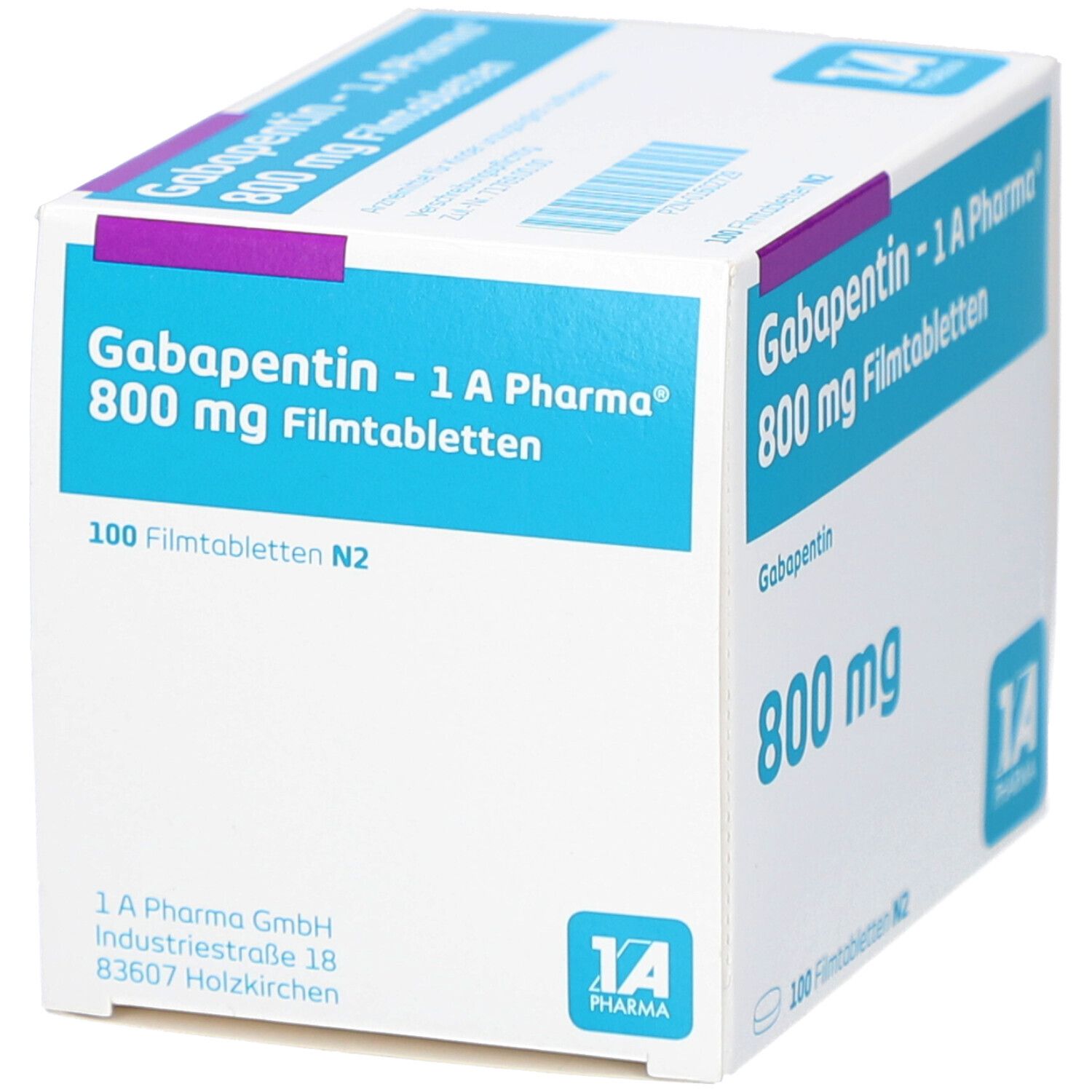 Schachtel mit Gabapentin - 1 A Pharma 800 mg Filmtabletten. Verpackung mit Produktnamen, Dosierung und Logo.