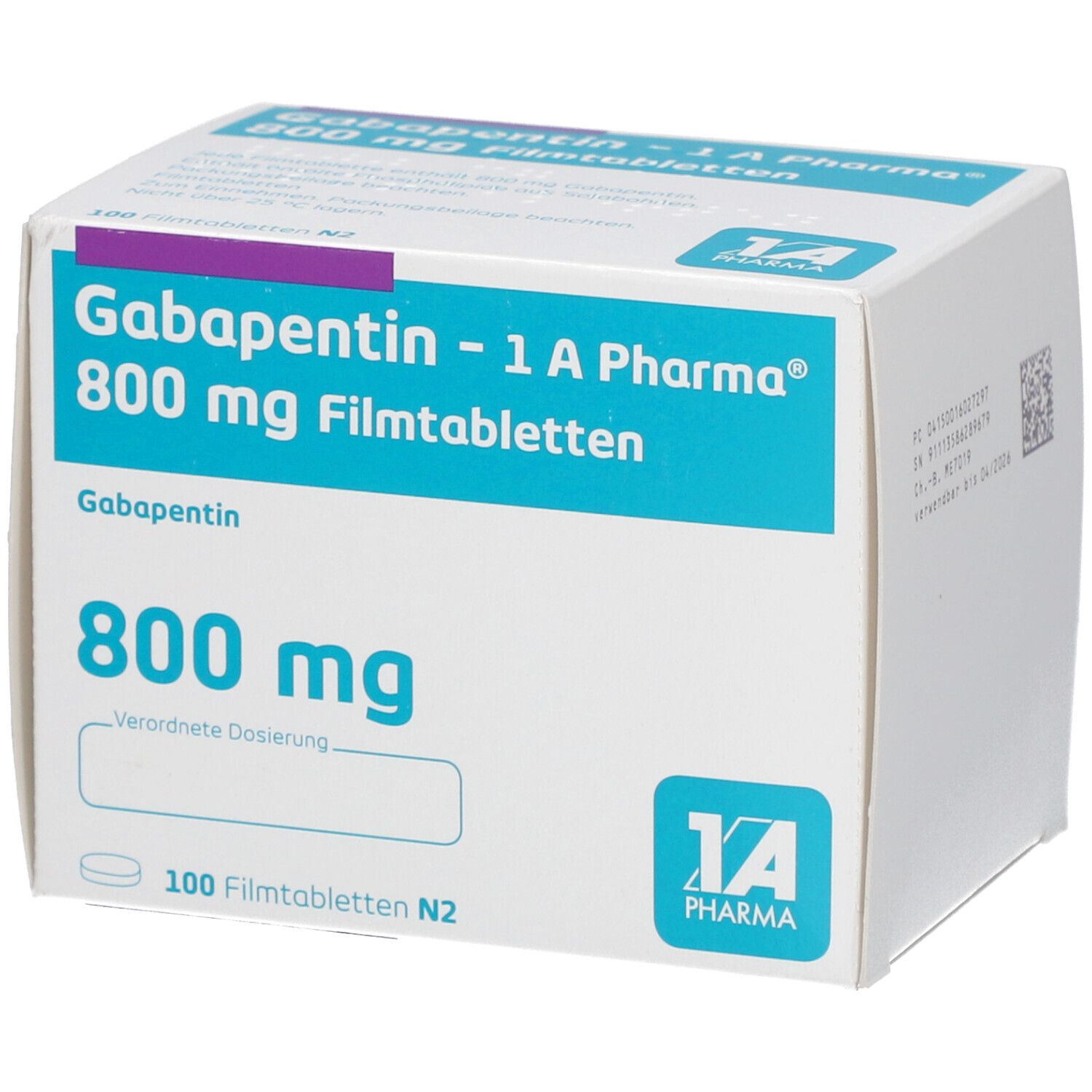 Schachtel mit Gabapentin - 1 A Pharma 800 mg Filmtabletten. Verpackung mit Produktinformationen und Logo, schräg.