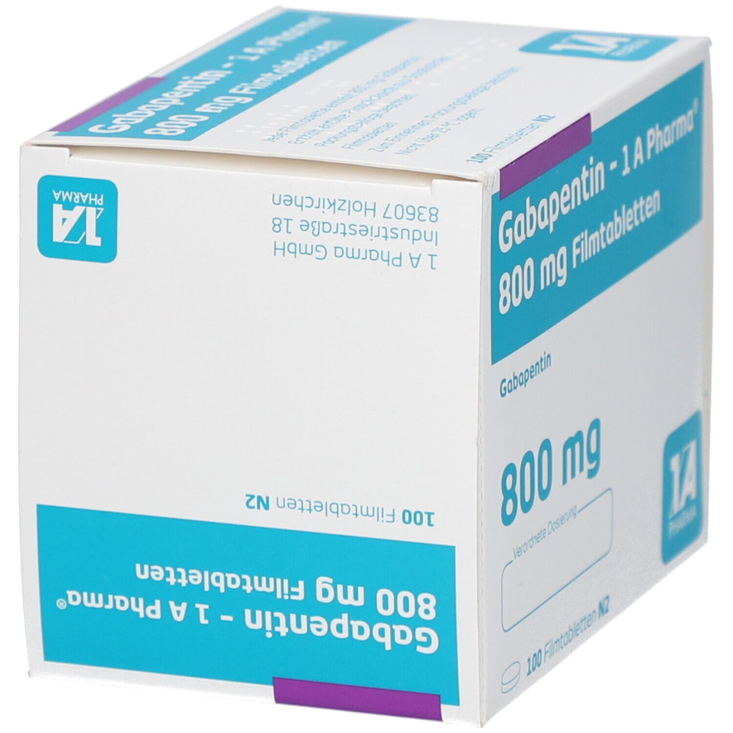 Schachtel mit Gabapentin - 1 A Pharma 800 mg Filmtabletten. Verpackung mit Produktnamen, Dosierung und Logo.