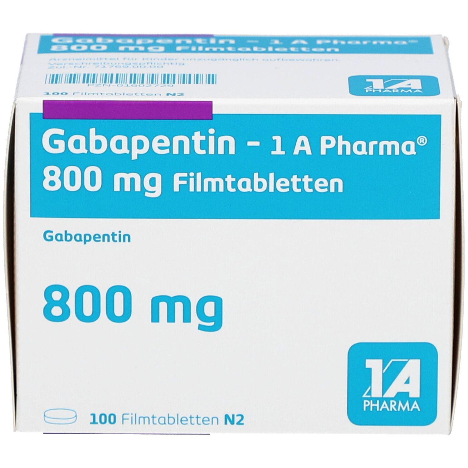 Schachtel mit Gabapentin - 1 A Pharma 800 mg Filmtabletten. Verpackung mit Produktnamen, Dosierung und Logo.