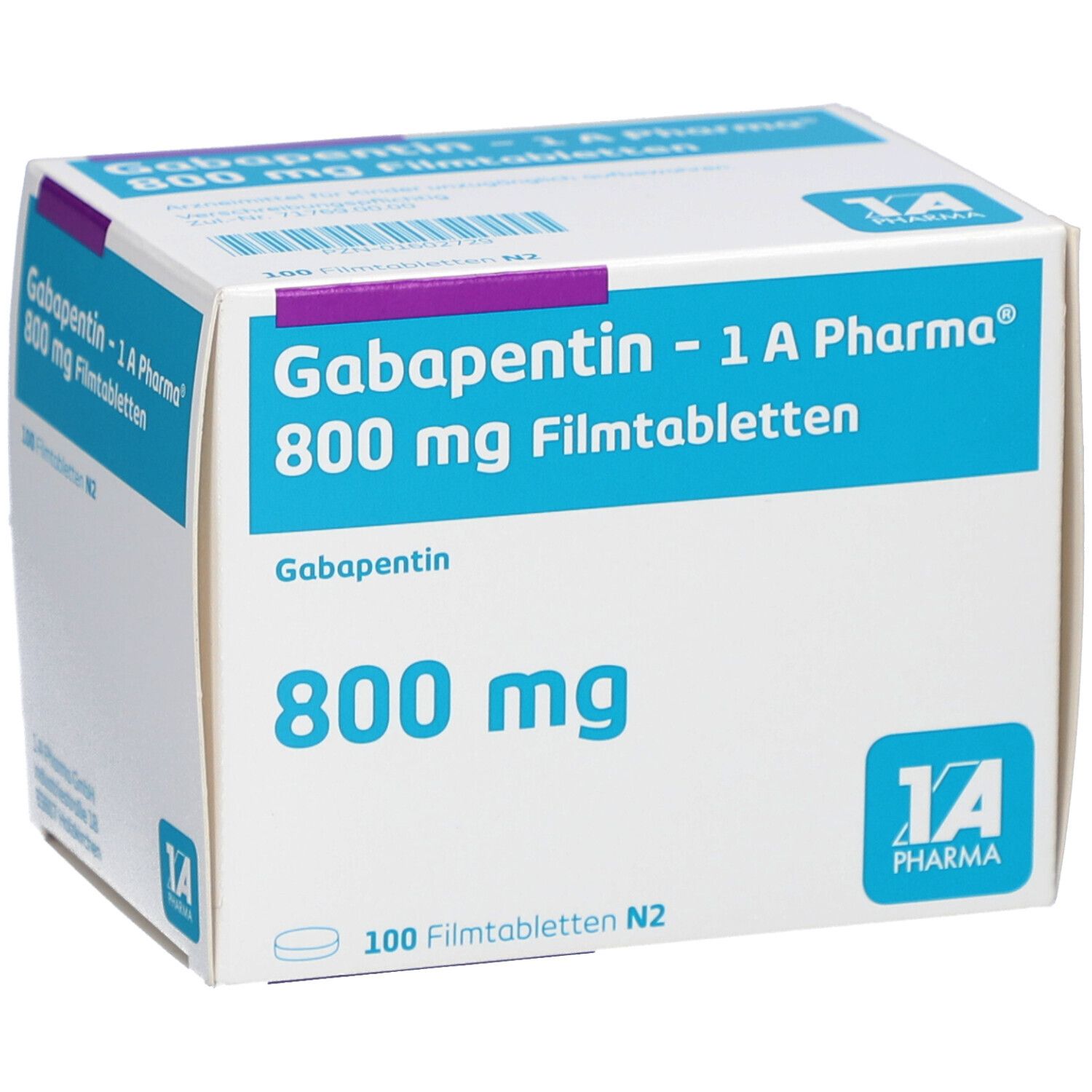 Schachtel mit Gabapentin - 1 A Pharma 800 mg Filmtabletten. Verpackung mit Produktnamen, Dosierung und Logo.