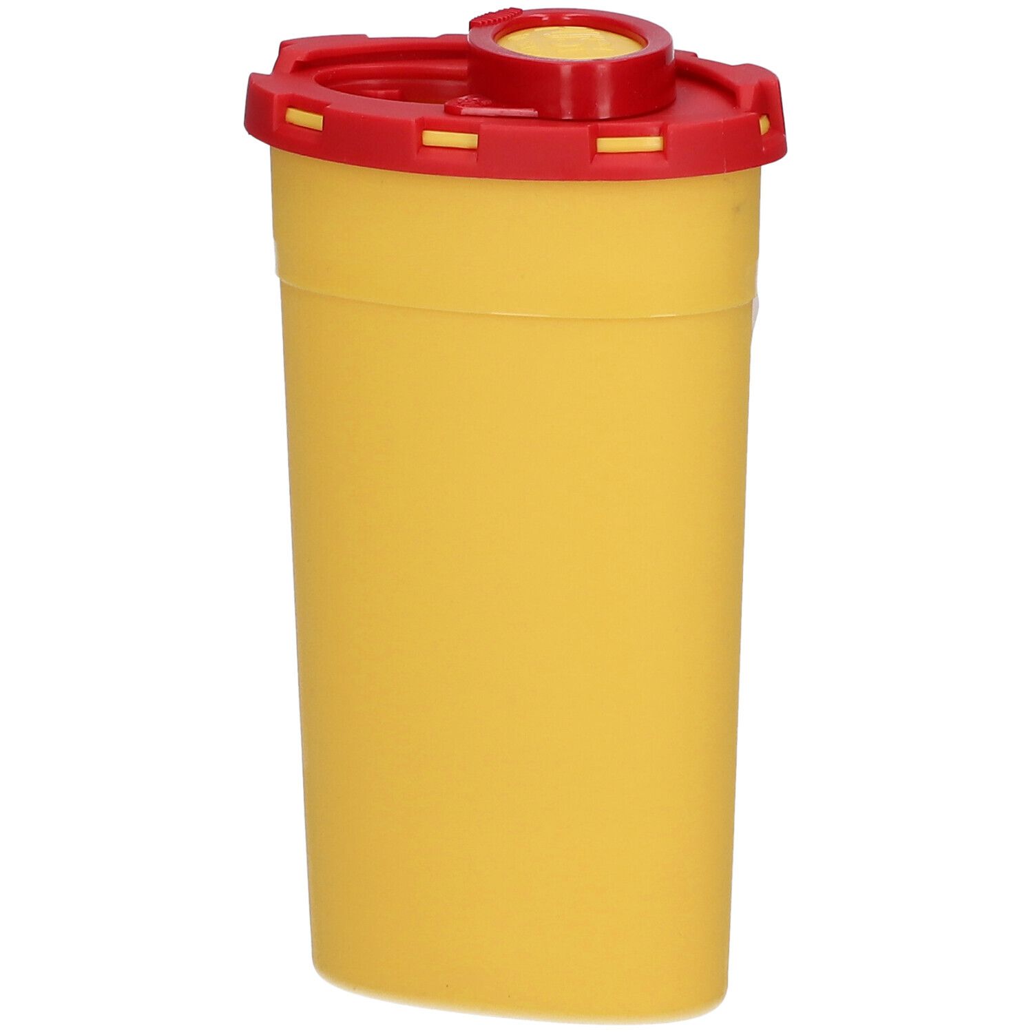 Gelber Kanülenbehälter mit rotem Deckel. Keine Etiketten sichtbar.