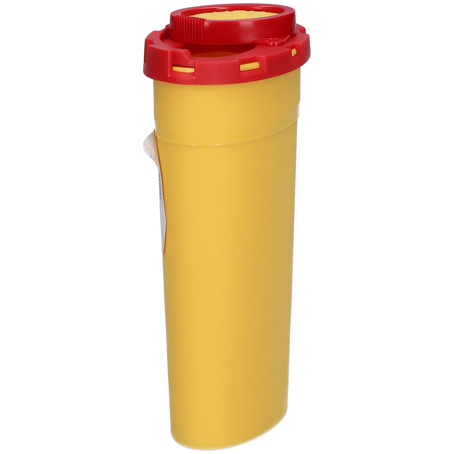 Gelber Kanülenbehälter mit rotem Deckel. Aufkleber mit Produktinformationen.