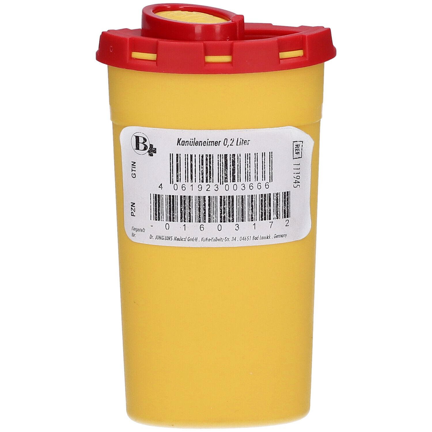 Gelber Kanülenbehälter mit rotem Deckel. Aufkleber mit Produktinformationen und Barcode.