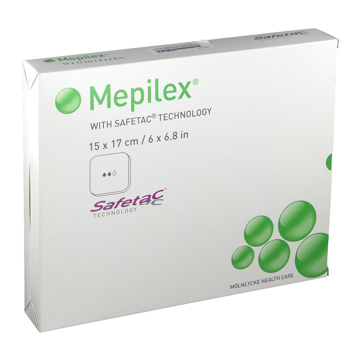 Verpackung von Mepilex Schaumverband. Größe 15x17 cm. Mit Safetac Technologie. Grün-weiße Verpackung mit Produktlogo und Angaben.
