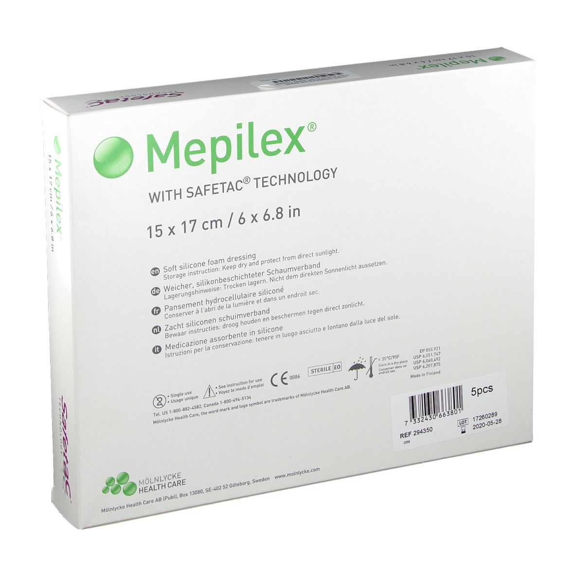 Rückseite der Mepilex Schaumverband-Verpackung. Größe 15x17 cm. Mit Safetac Technologie. Enthält Produktinformationen und Zertifizierungen.