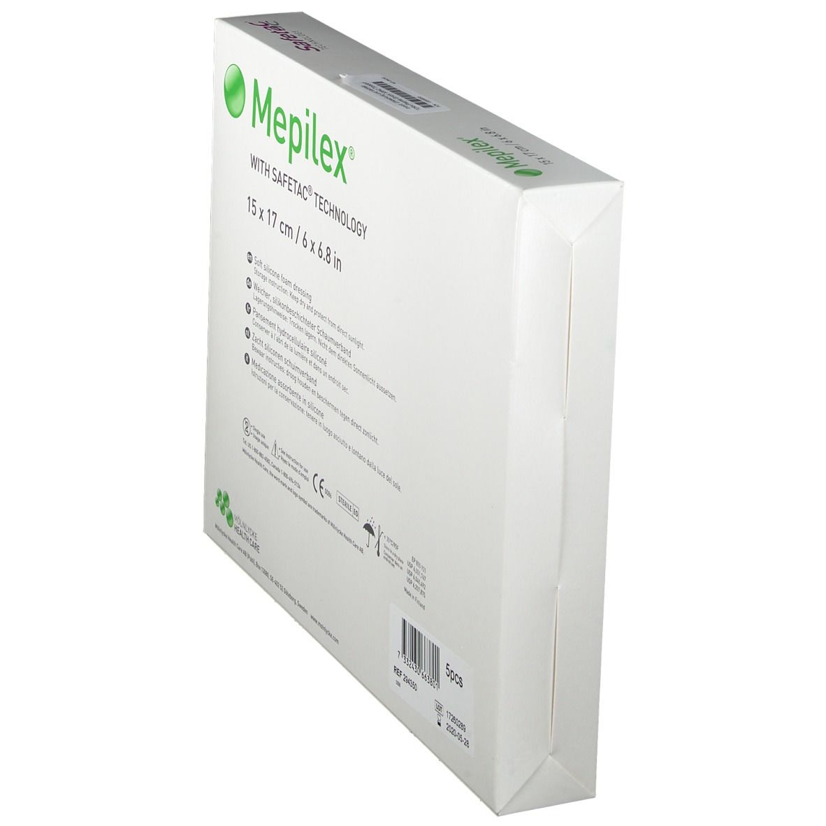 Seitenansicht der Mepilex Schaumverband-Verpackung. Größe 15x17 cm. Mit Safetac Technologie. Weiß mit grünen Elementen und Produktinformationen.