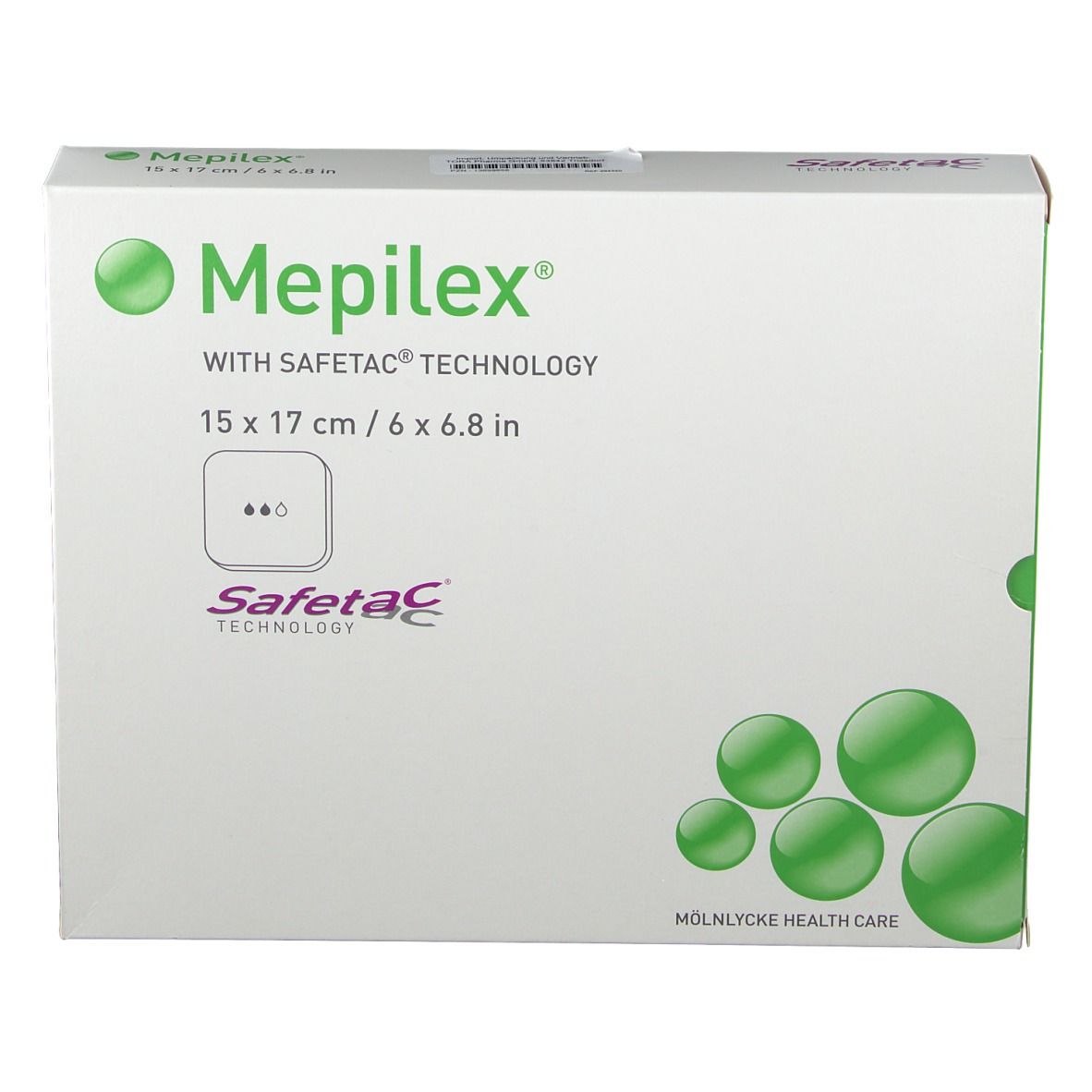 Mepilex Schaumverband-Verpackung. Größe 15x17 cm. Mit Safetac Technologie. Grün-weiße Verpackung mit Produktlogo und Angaben.