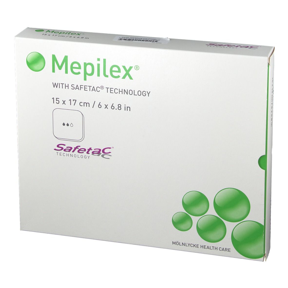 Mepilex Schaumverband-Verpackung. Größe 15x17 cm. Mit Safetac Technologie. Grün-weiße Verpackung mit Produktlogo und Angaben.