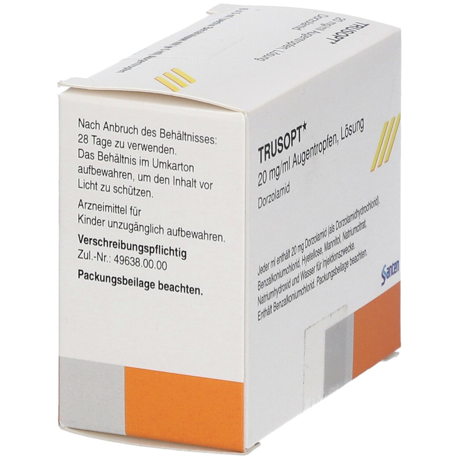 Karton mit TRUSOPT Augentropfen. Aufschrift: 20 mg/ml Augentropfen, Lösung. Hinweise zur Anwendung. Marke Santen.