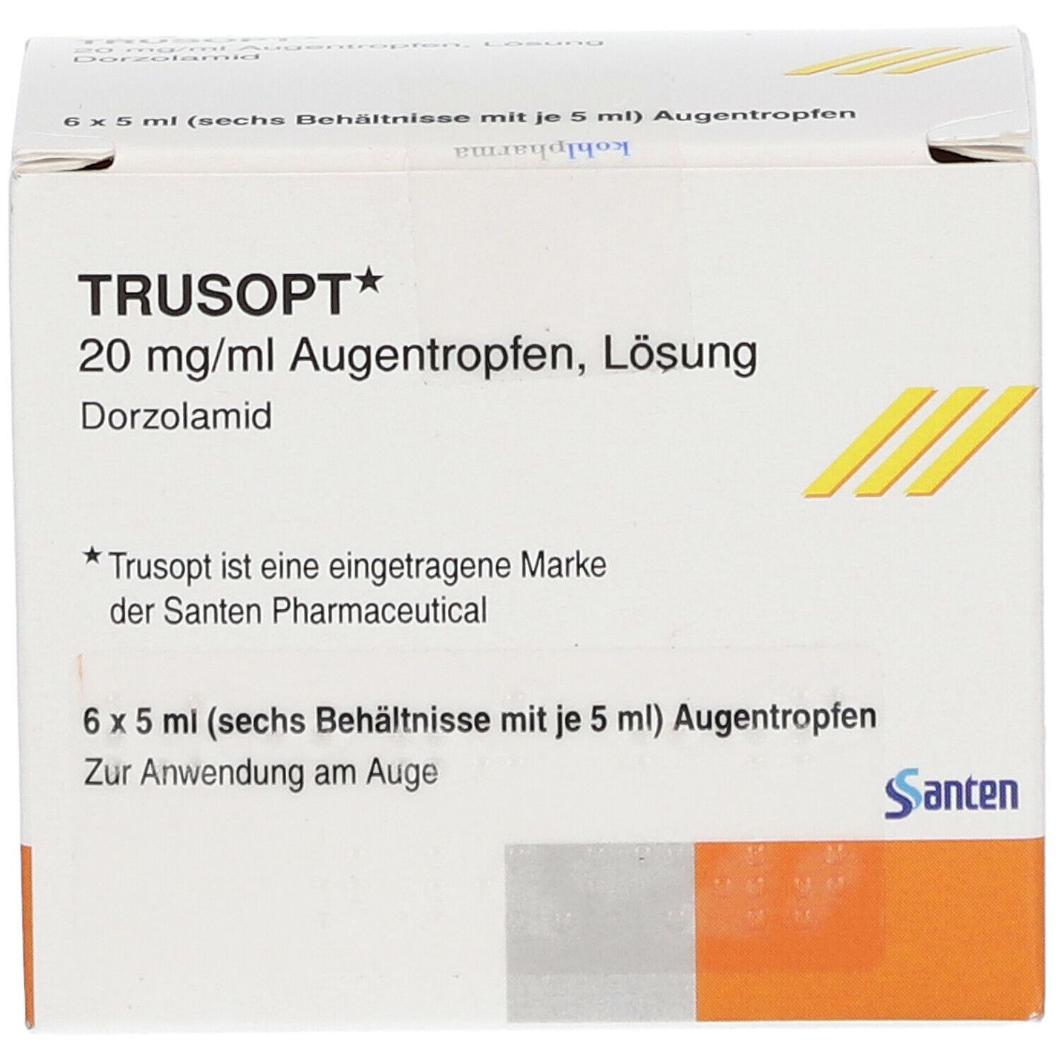 Karton mit TRUSOPT Augentropfen. Aufschrift: 20 mg/ml Augentropfen, Lösung. Enthält 6 x 5 ml Behälter. Marke Santen.