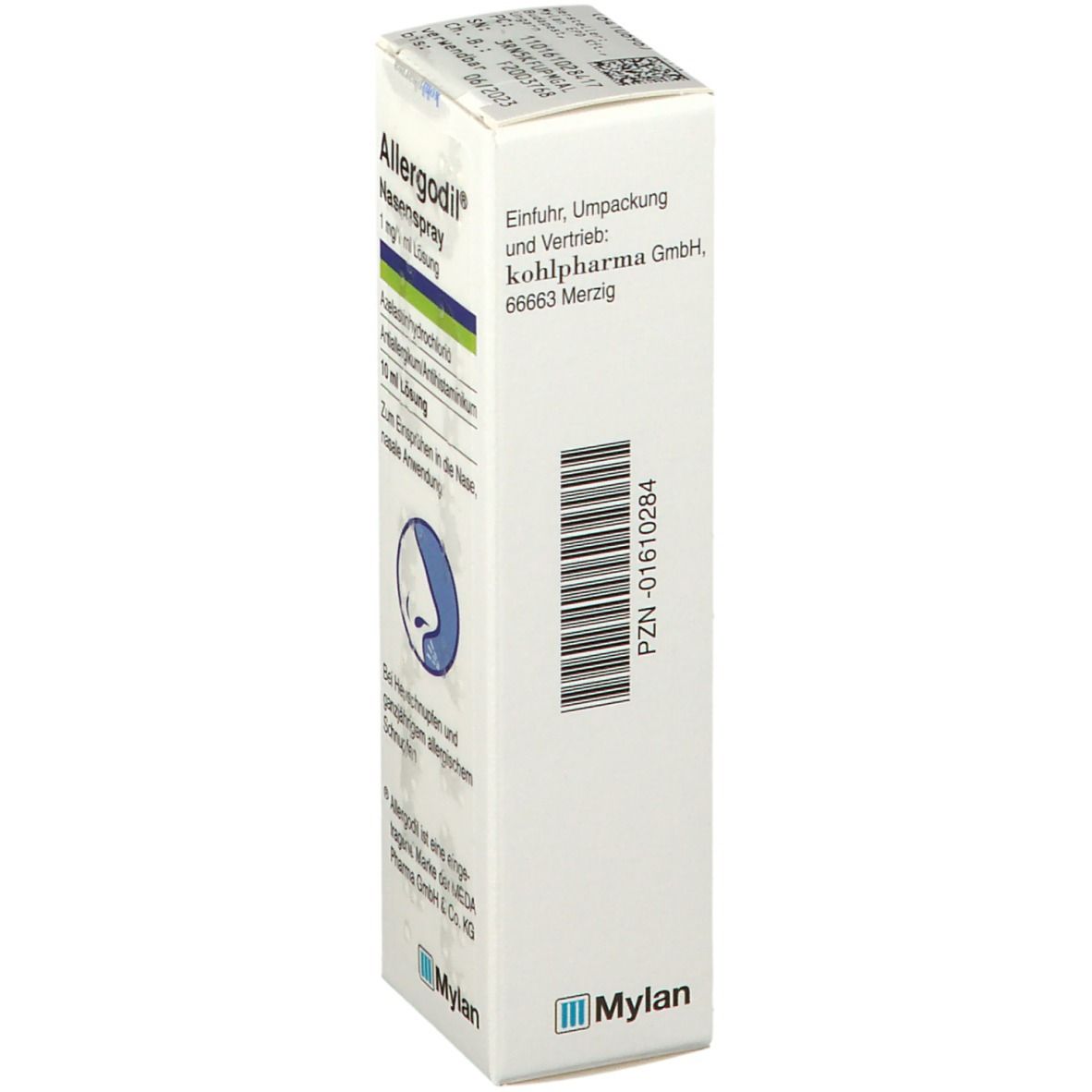 Seitenansicht der Allergodil Nasenspray-Verpackung. Text: Kohlpharma GmbH, 66663 Merzig. Barcode und Mylan-Logo.