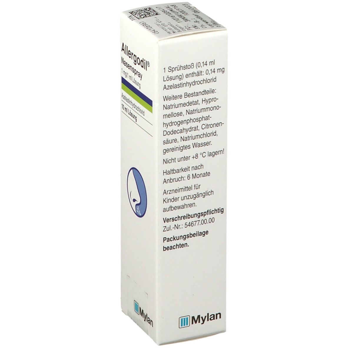 Verpackung von Allergodil Nasenspray. Text: 1 Sprühstoß enthält 0,14 ml, Azelastinhydrochlorid. Mylan-Logo.