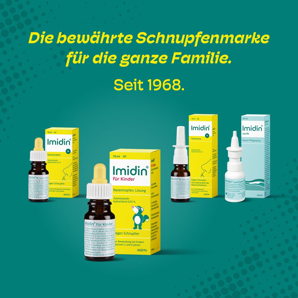 Verschiedene Imidin®-Produkte. Text: Die bewährte Schnupfenmarke für die ganze Familie. Seit 1968.
