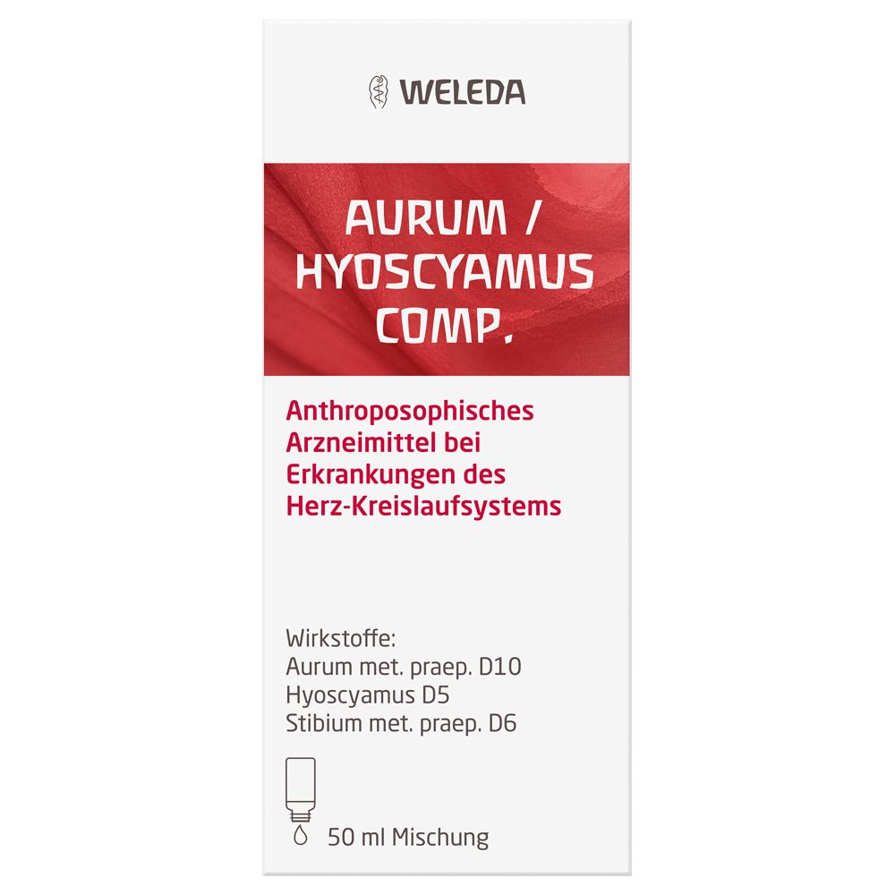 Weißes Etikett mit roter Schrift. Aufschrift: Aurum / Hyoscyamus comp. Enthält Wirkstoffe und 50 ml Mischung. Tropfensymbol.