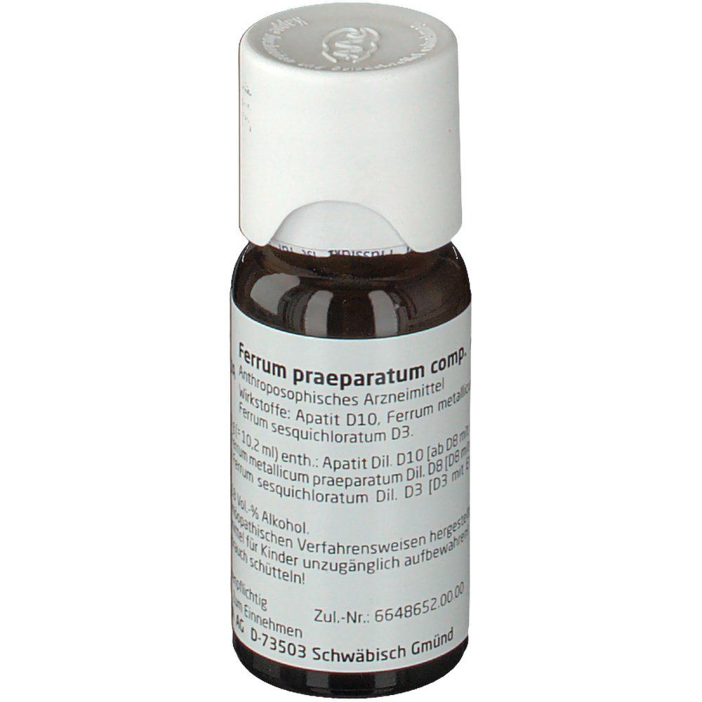 Braune Glasflasche mit weißem Verschluss. Beschriftung: Ferrum praeparatum comp. und weitere Informationen.