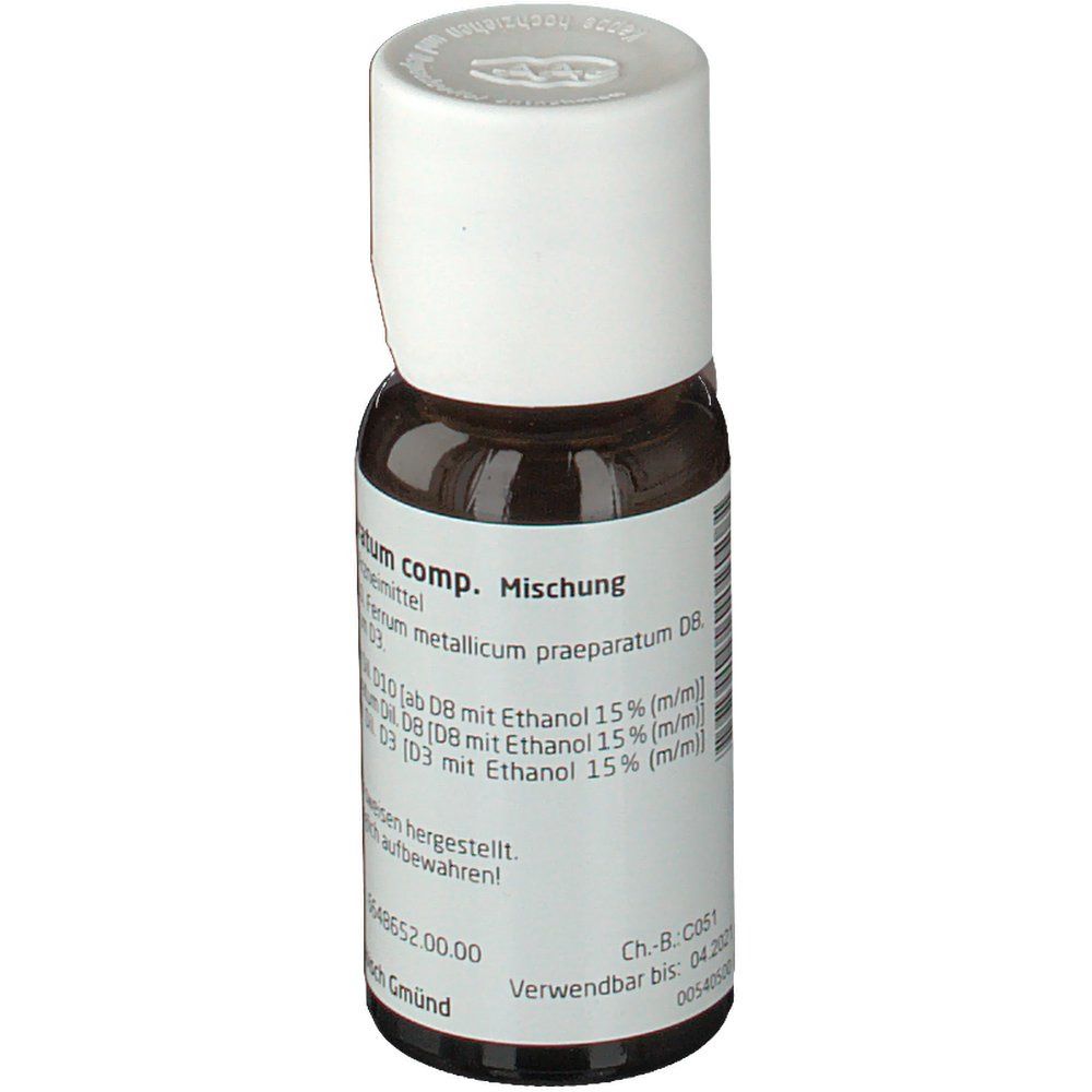 Braune Glasflasche mit weißem Verschluss. Beschriftung: Ferrum comp. Mischung und weitere Informationen.