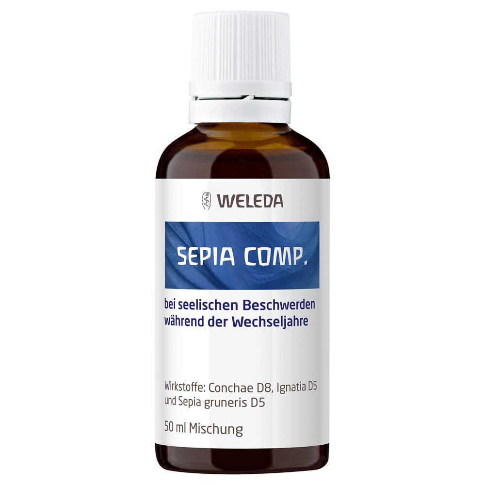 Braune Glasflasche mit weißem Deckel. Auf dem Etikett steht "Sepia comp.". Darunter Text über Beschwerden während der Wechseljahre.