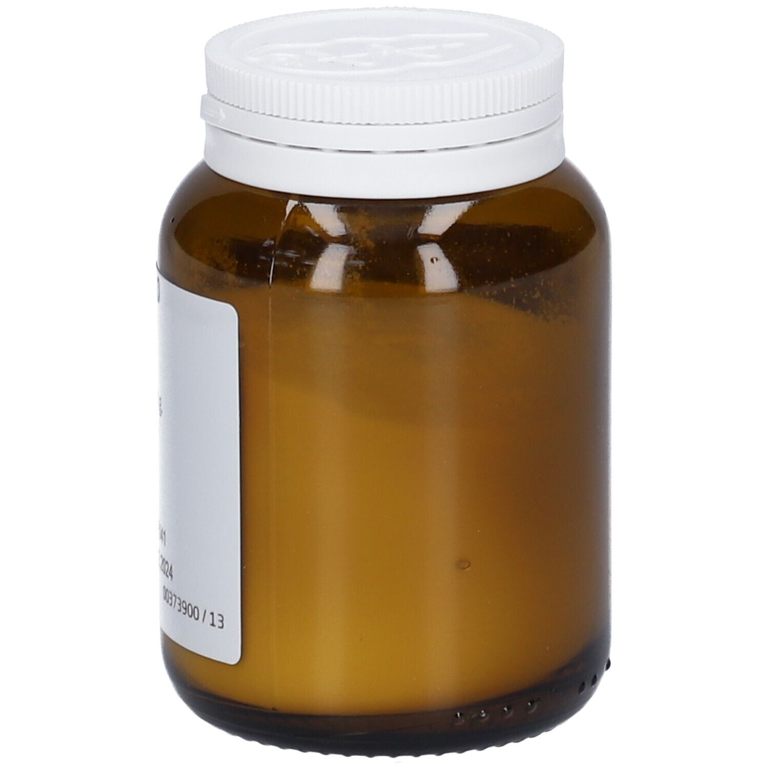 Braune Glasflasche mit weißem Deckel. Keine Etiketten sichtbar.