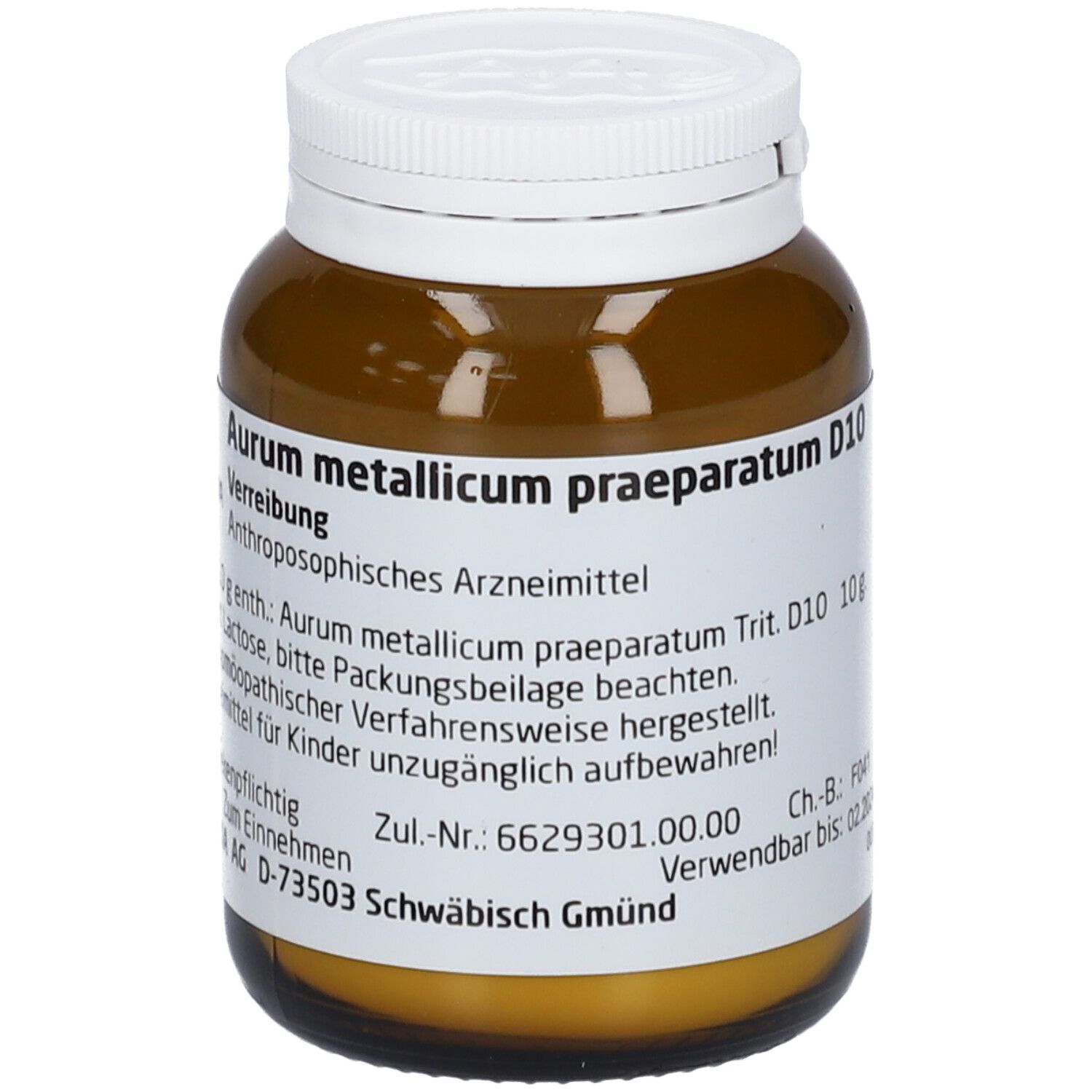 Braune Glasflasche mit weißem Deckel. Etikett mit Produktnamen und Informationen. Marke Weleda.