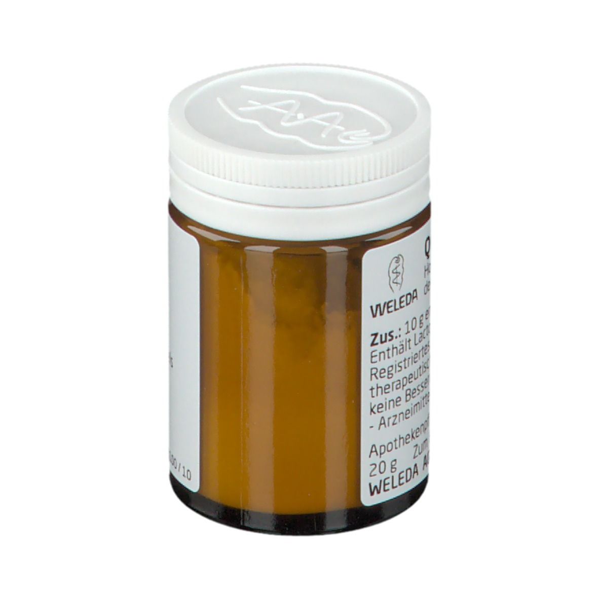 Braune Glasflasche mit weißem Deckel. Beschriftung: Quarz D10, Weleda. Apothekenpflichtig. 20 g.