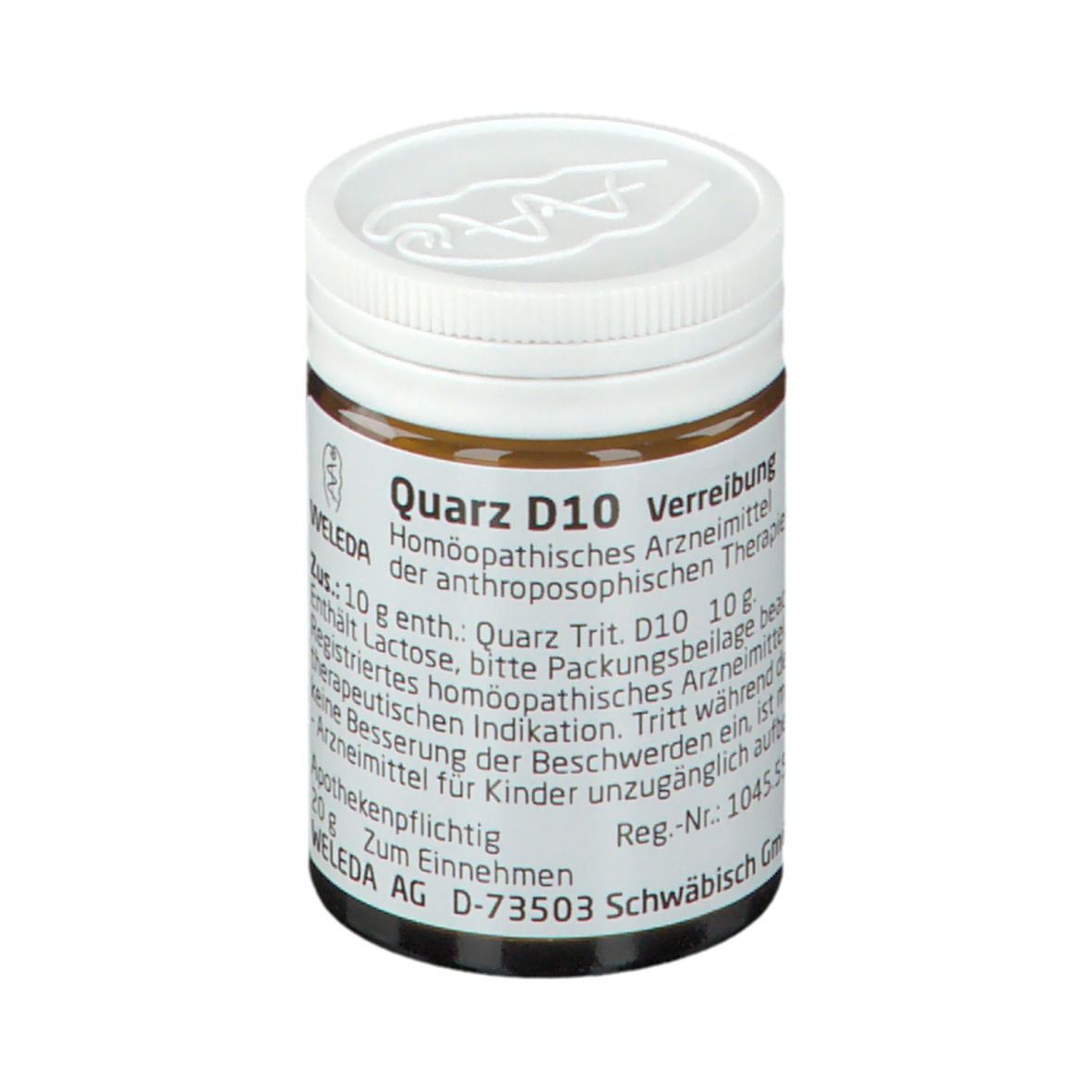 Braune Glasflasche mit weißem Deckel. Beschriftung: Quarz D10, Weleda. Apothekenpflichtig. 20 g.