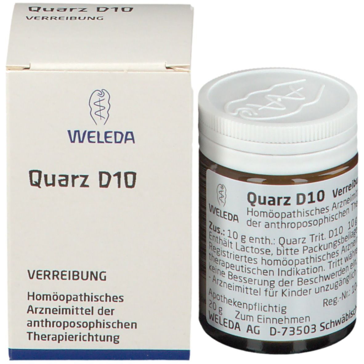 Braune Glasflasche und Karton. Beschriftung: Quarz D10, Weleda. Apothekenpflichtig. 20 g. Karton mit Produktnamen.