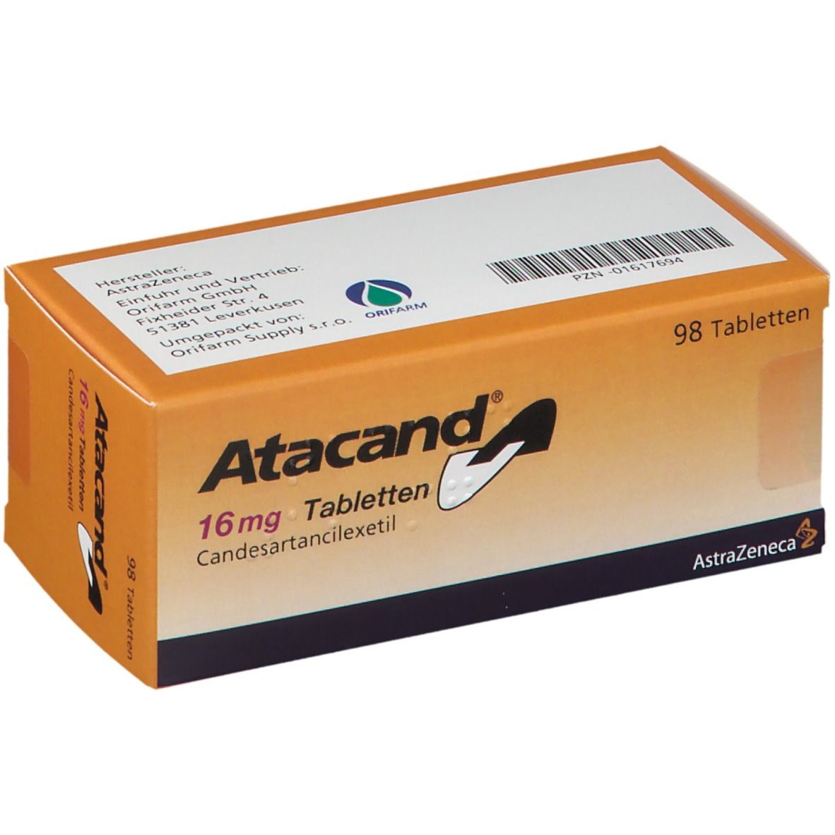Orangefarbene Atacand-Tablettenschachtel. Aufschrift: 16 mg Tabletten, 98 Tabletten. Hersteller AstraZeneca.