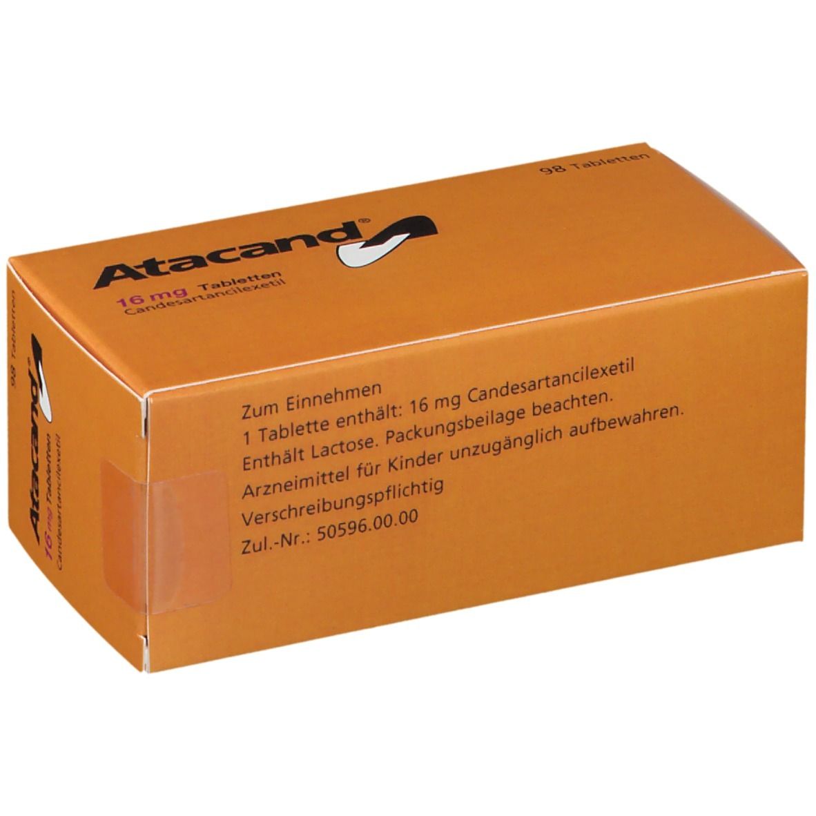 Orangefarbene Atacand-Tablettenschachtel mit Text. Aufschrift: 16 mg Tabletten. Enthält 16 mg Candesartancilexetil.
