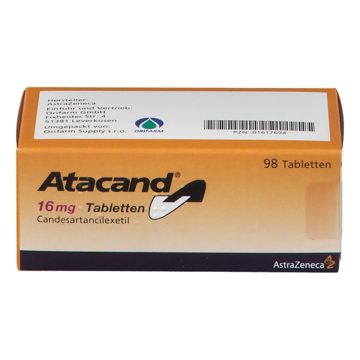 Atacand-Tablettenschachtel, orangefarben. Aufschrift: 16 mg Tabletten, 98 Tabletten. Hersteller AstraZeneca.