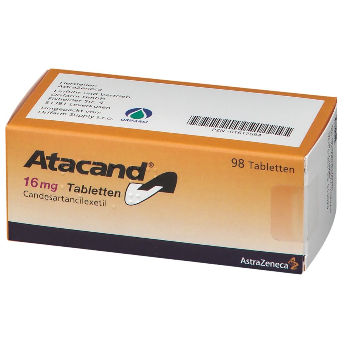 Atacand-Tablettenschachtel, orangefarben. Aufschrift: 16 mg Tabletten, 98 Tabletten. Hersteller AstraZeneca.